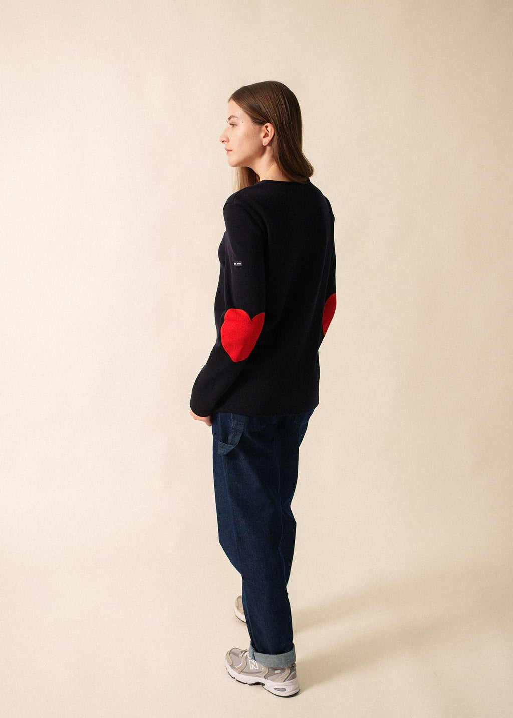 Saint James VAUJANY GEMINI - Double-Faced Wool Sweater with Heart Elbow Patches (NAVY / RED / RED)