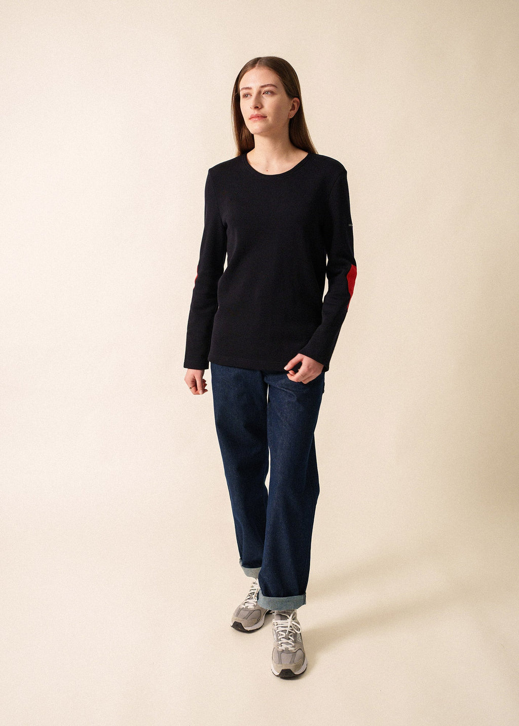 Saint James VAUJANY GEMINI - Double-Faced Wool Sweater with Heart Elbow Patches (NAVY / RED / RED)