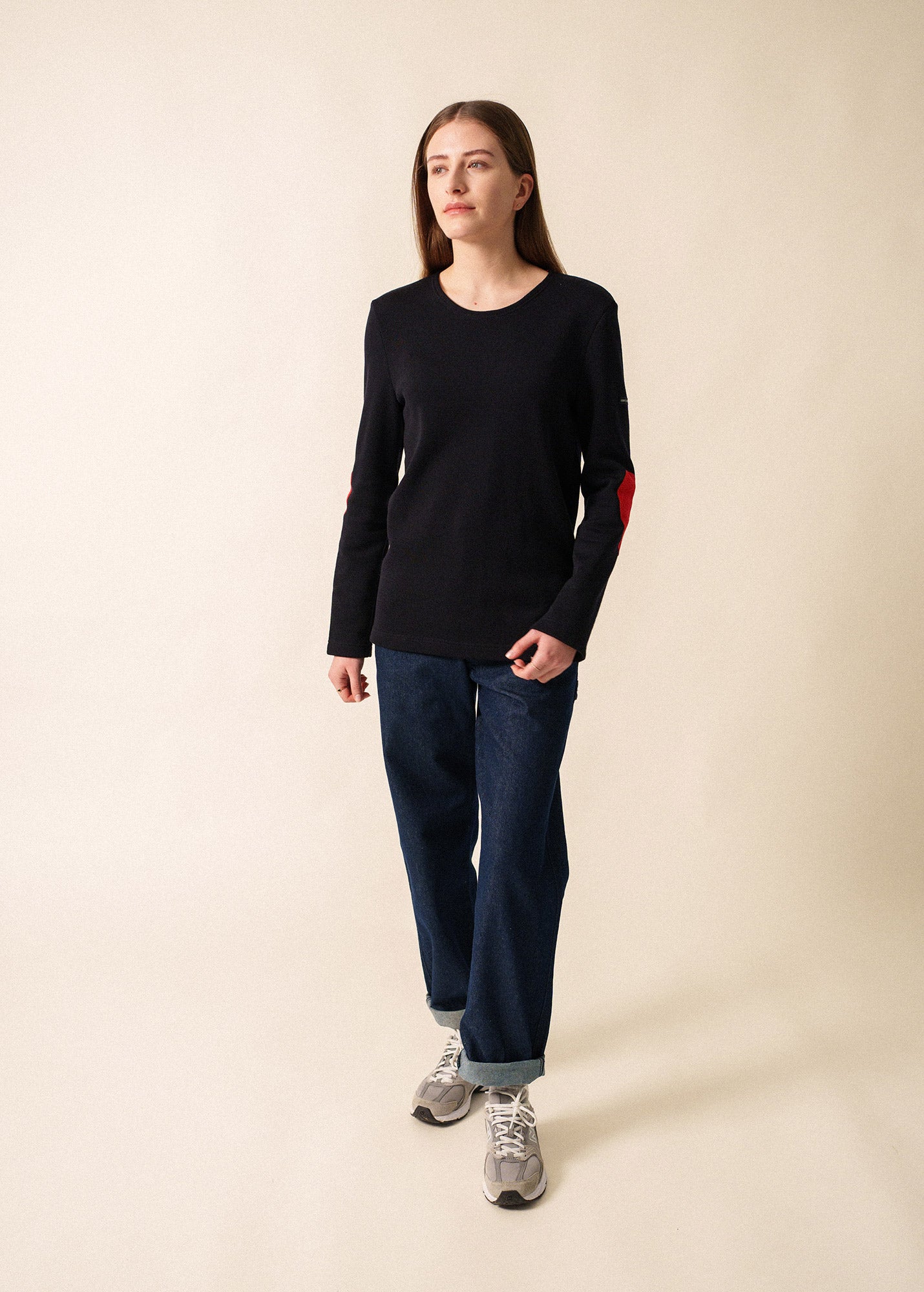 Saint James VAUJANY GEMINI - Double-Faced Wool Sweater with Heart Elbow Patches (NAVY / RED / RED)