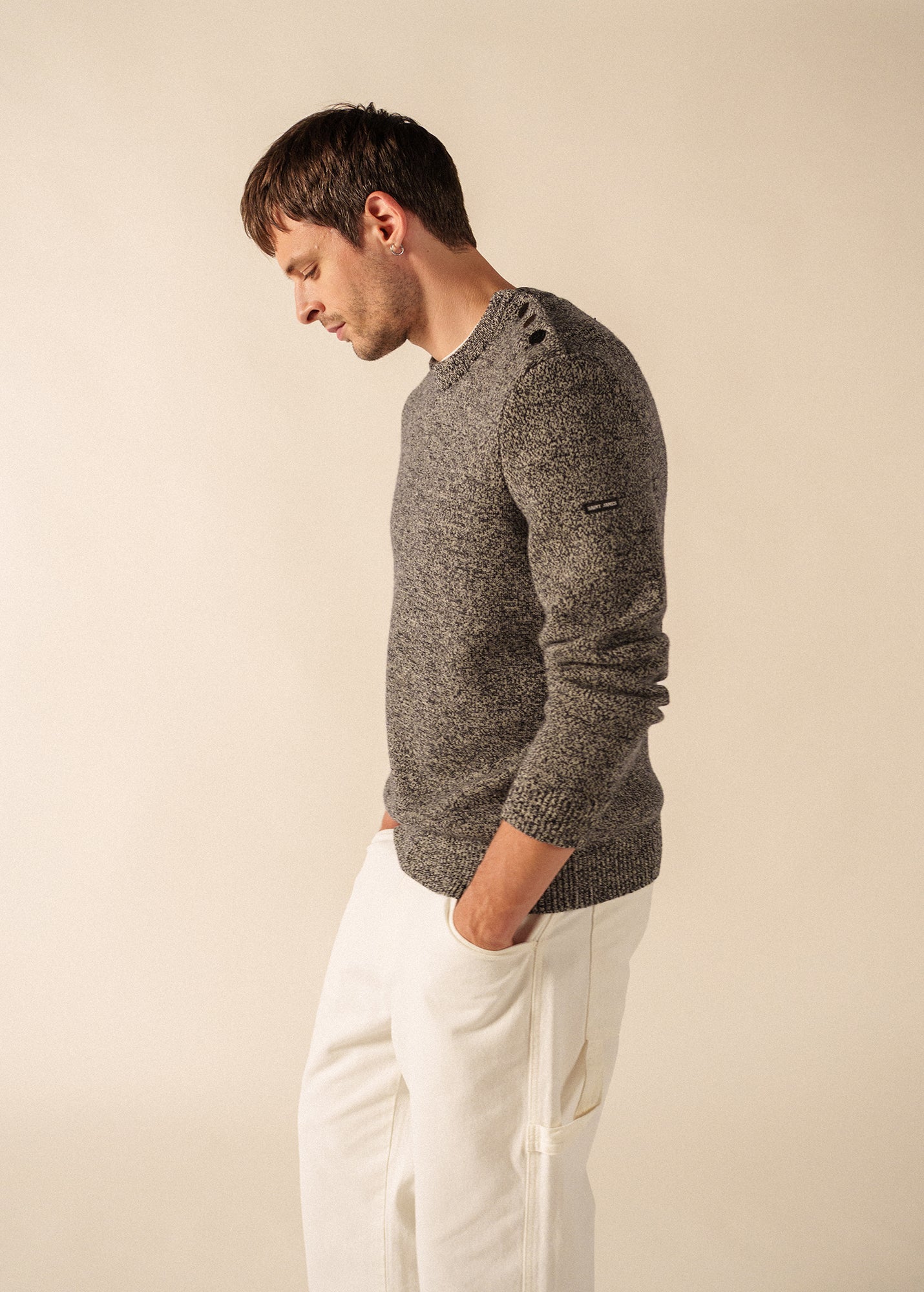 Saint James CANCALE MELANGE - Marled Wool Fisherman Sweater with Button Shoulder | Loose Fit (NAVY / ECRU)