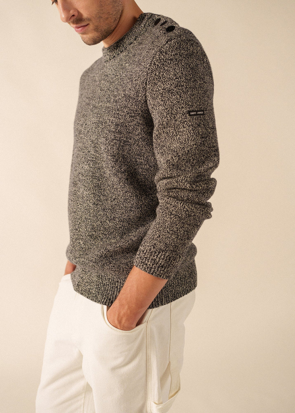 Saint James CANCALE MELANGE - Marled Wool Fisherman Sweater with Button Shoulder | Loose Fit (NAVY / ECRU)