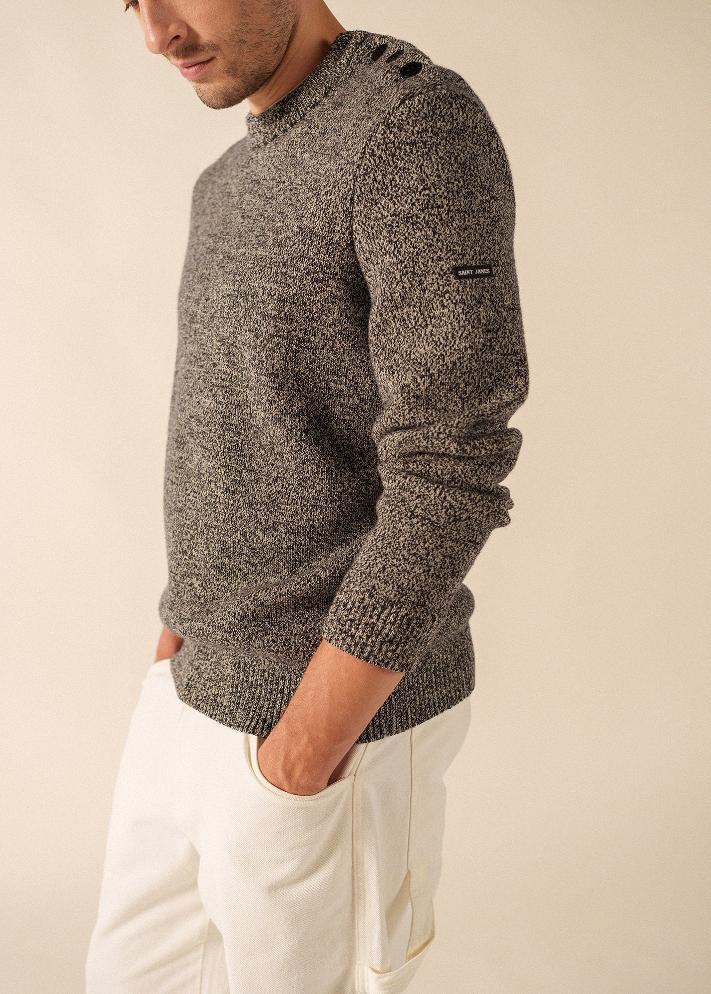 Saint James CANCALE MELANGE - Marled Wool Fisherman Sweater with Button Shoulder | Loose Fit (NAVY / ECRU)