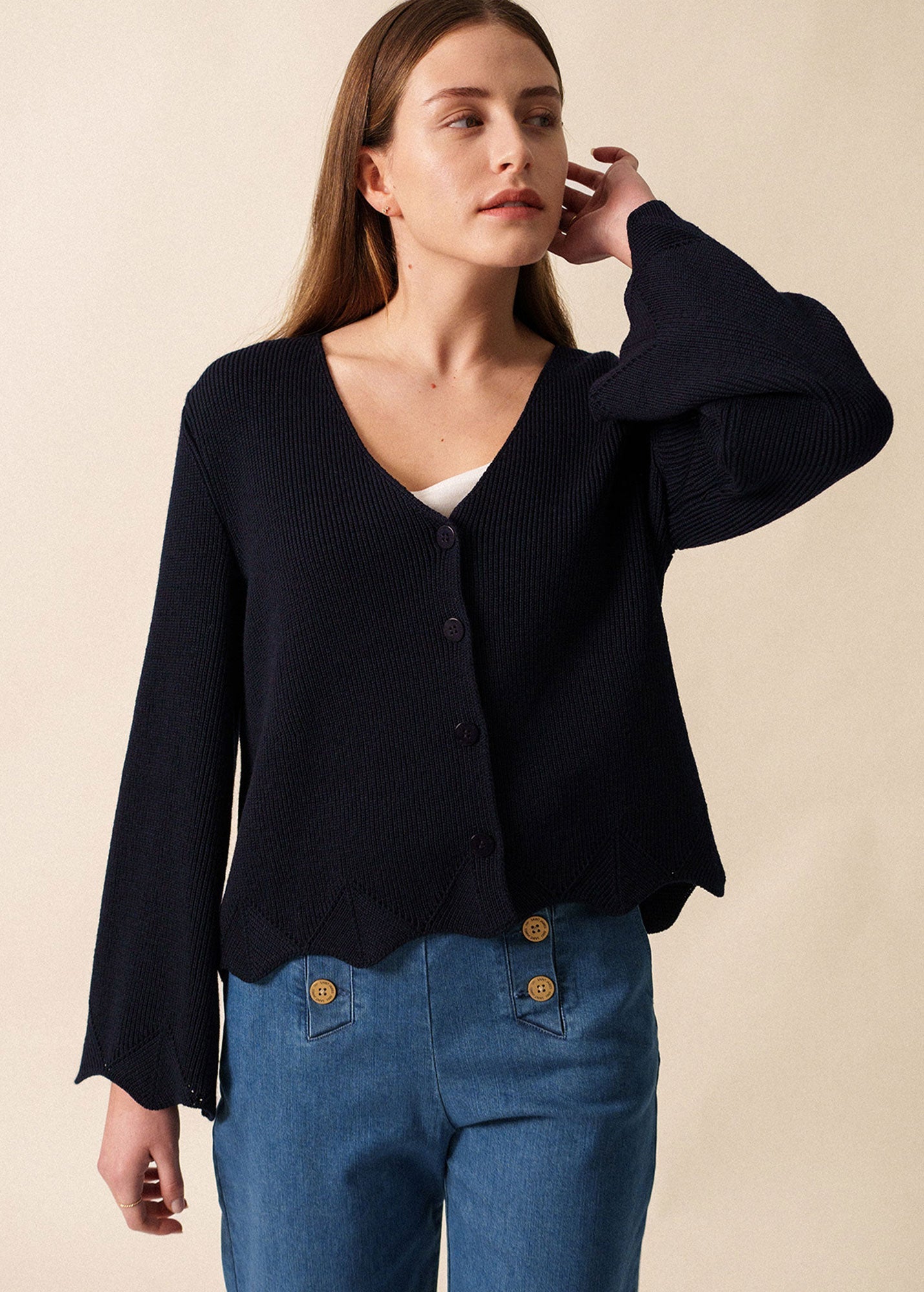 Saint James LES MENUIRES - Flared Sleeve and Angled Hem Cardigan  (NAVY)