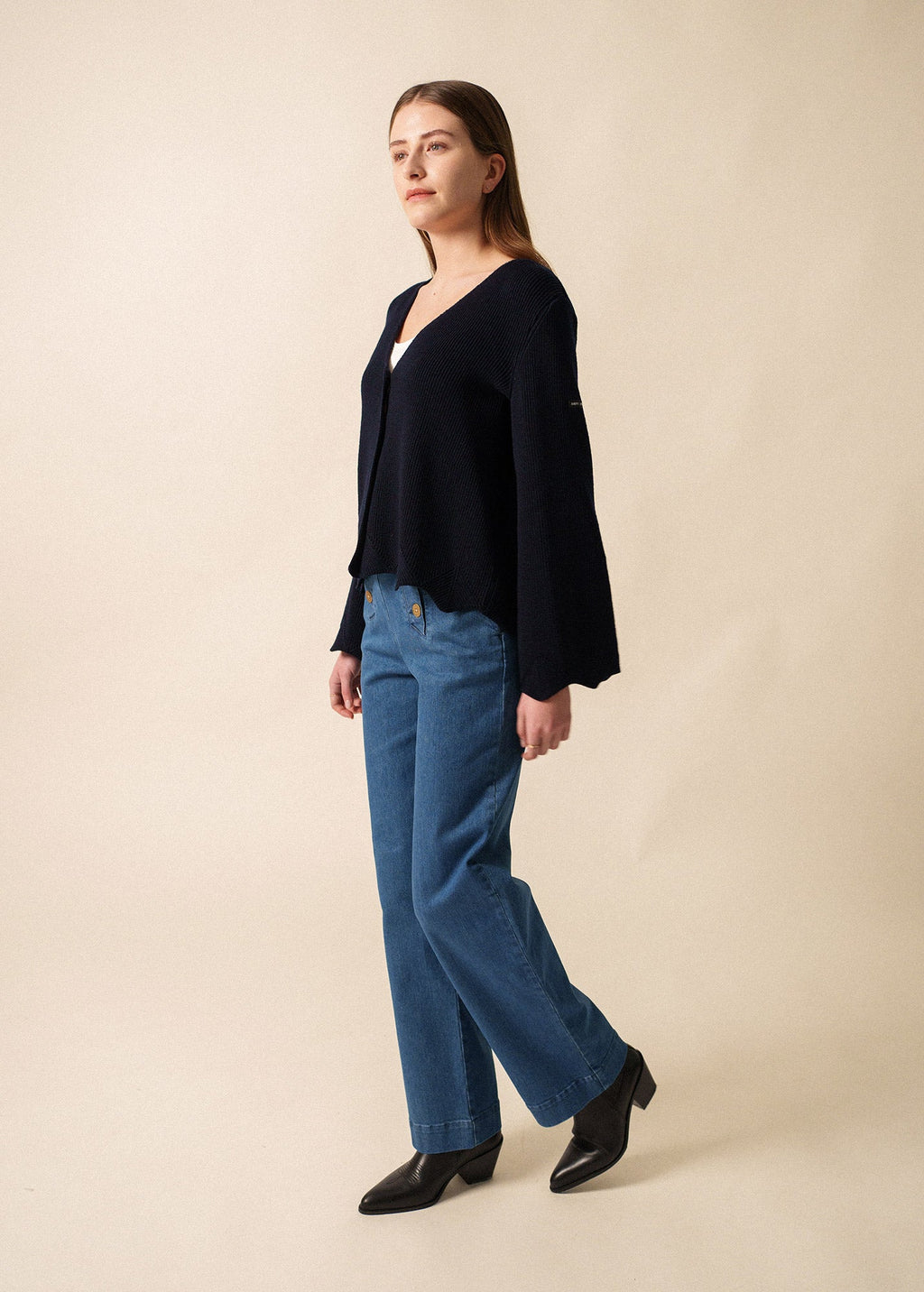 Saint James LES MENUIRES - Flared Sleeve and Angled Hem Cardigan  (NAVY)