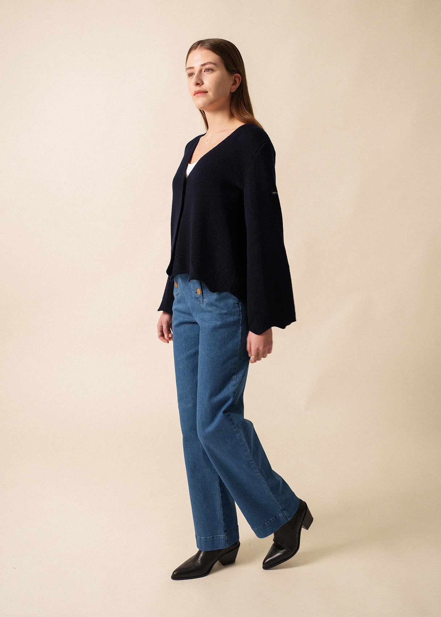 Saint James LES MENUIRES - Flared Sleeve and Angled Hem Cardigan  (NAVY)