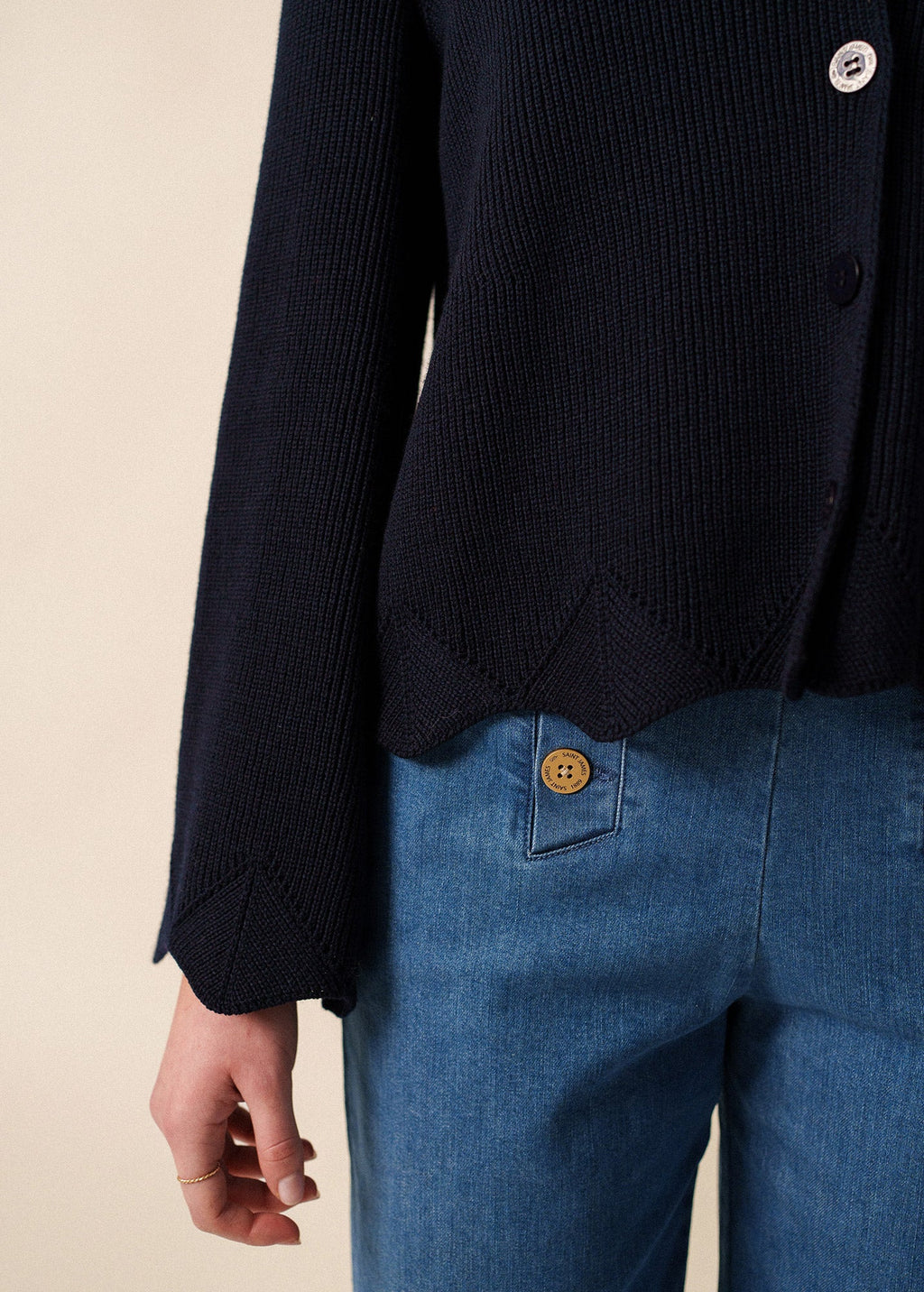 Saint James LES MENUIRES - Flared Sleeve and Angled Hem Cardigan  (NAVY)