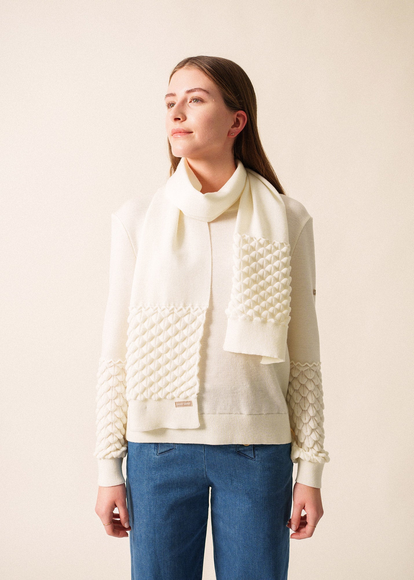 Saint James CLUSES SCARF - Sculpted Knit Wool Scarf | 100% Wool (WHITE)