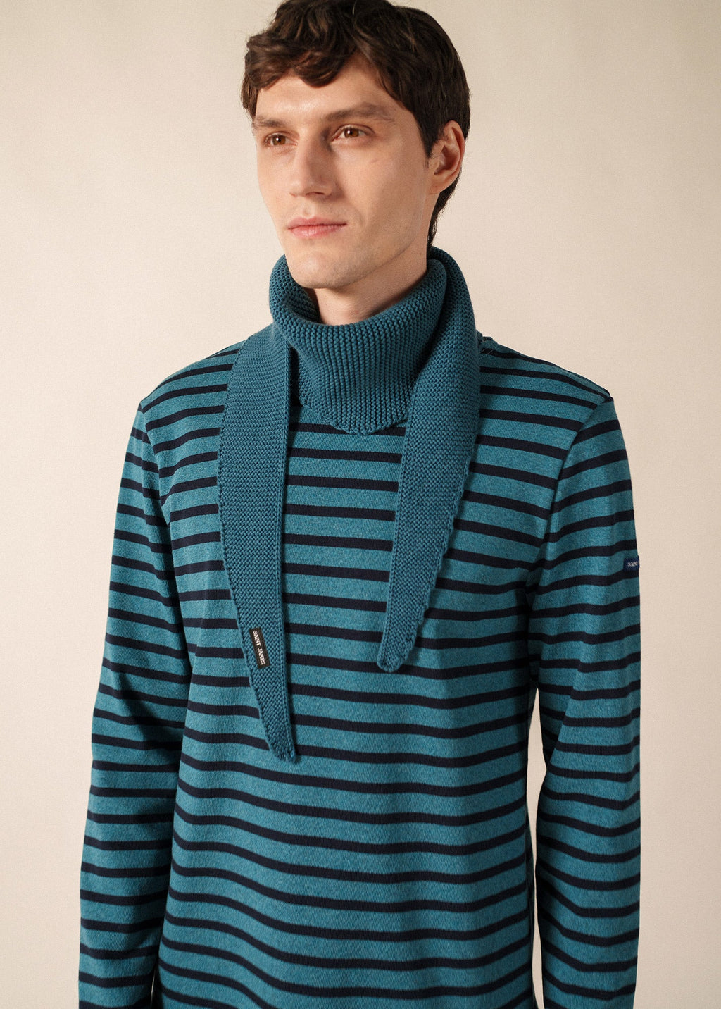 Saint James Knit Bandana Scarf in Wool & Cotton, Coastal Blue