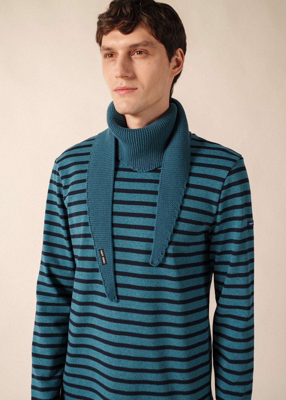 Saint James Knit Bandana Scarf in Wool & Cotton, Coastal Blue