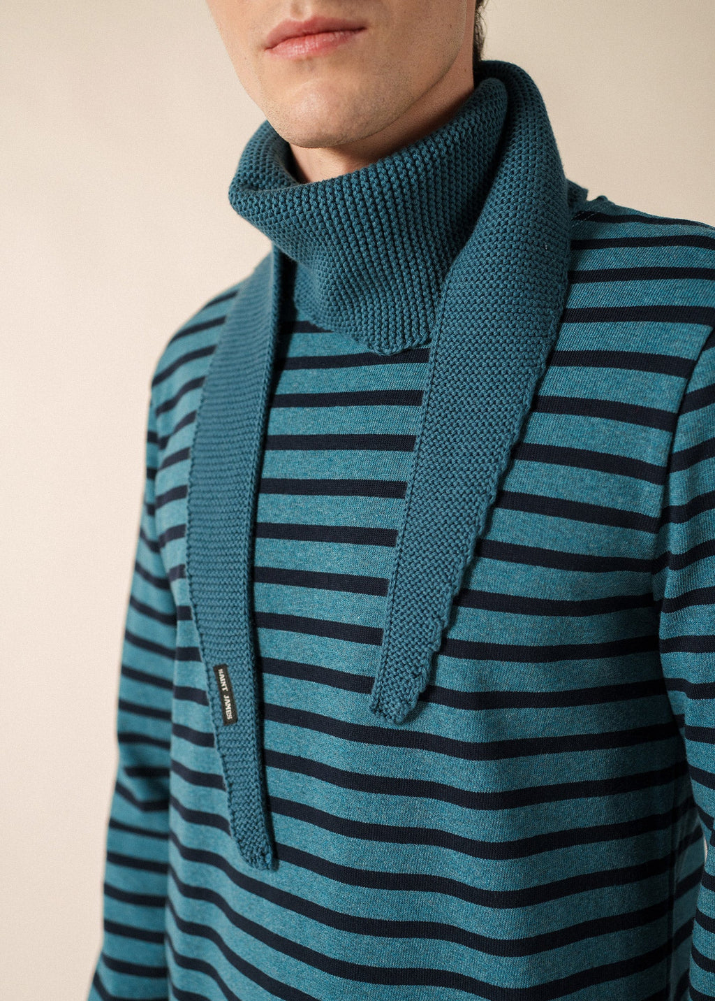 Saint James Knit Bandana Scarf in Wool & Cotton, Coastal Blue