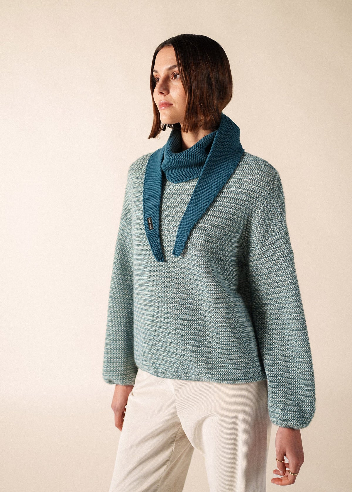 Saint James Knit Bandana Scarf in Wool & Cotton, Coastal Blue