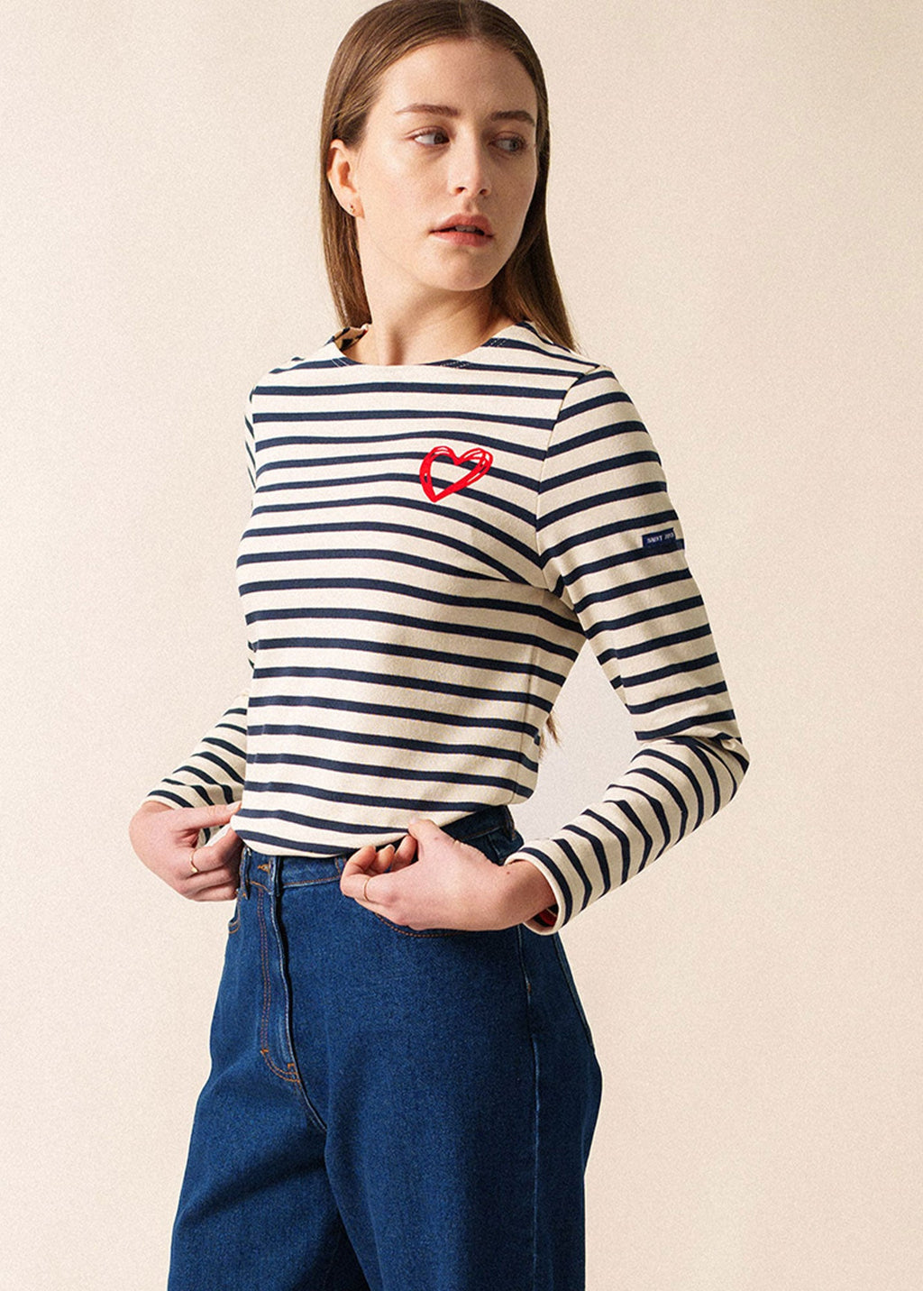 Saint James MERID'AMOUR - Long-Sleeve Fitted Breton Top with Velvety Heart Detail (ECRU / NAVY / RED)
