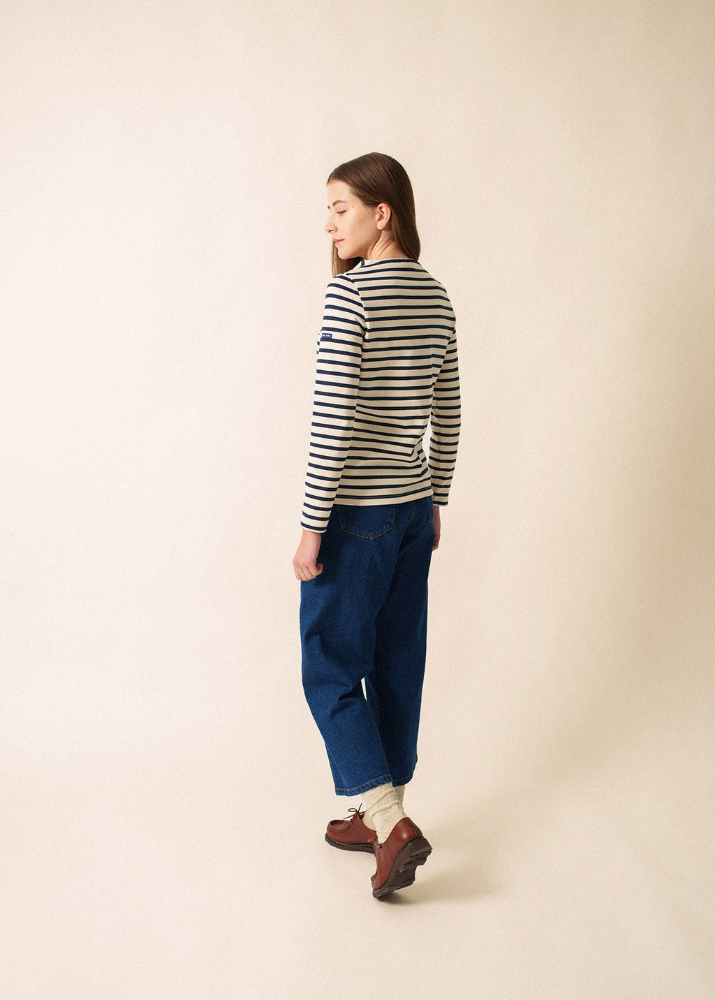 Saint James MERID'AMOUR - Long-Sleeve Fitted Breton Top with Velvety Heart Detail (ECRU / NAVY / RED)