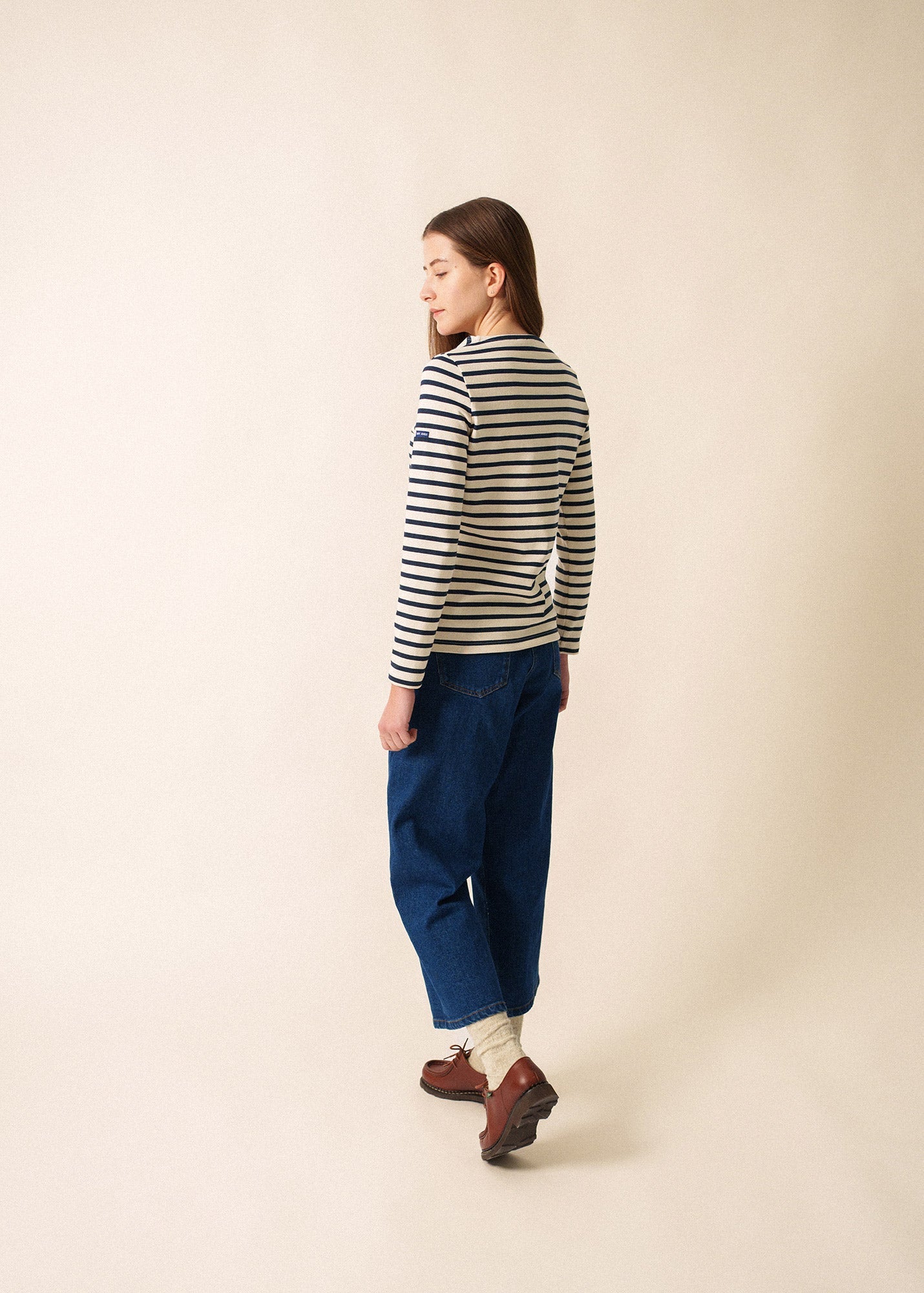 Saint James MERID'AMOUR - Long-Sleeve Fitted Breton Top with Velvety Heart Detail (ECRU / NAVY / RED)