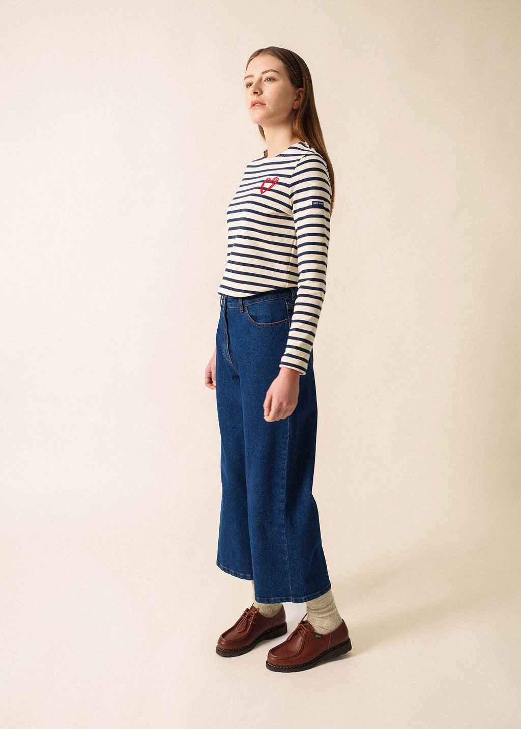 Saint James MERID'AMOUR - Long-Sleeve Fitted Breton Top with Velvety Heart Detail (ECRU / NAVY / RED)