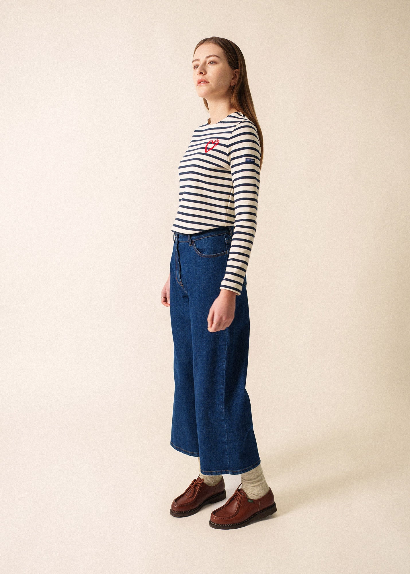 Saint James MERID'AMOUR - Long-Sleeve Fitted Breton Top with Velvety Heart Detail (ECRU / NAVY / RED)