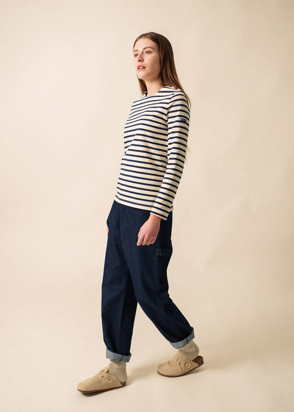 Saint James MERIDAME COEUR - Breton Striped Shirt with Heart-Shaped Buttons | Heavyweight Cotton | Women Fit (ECRU / NAVY /RED)