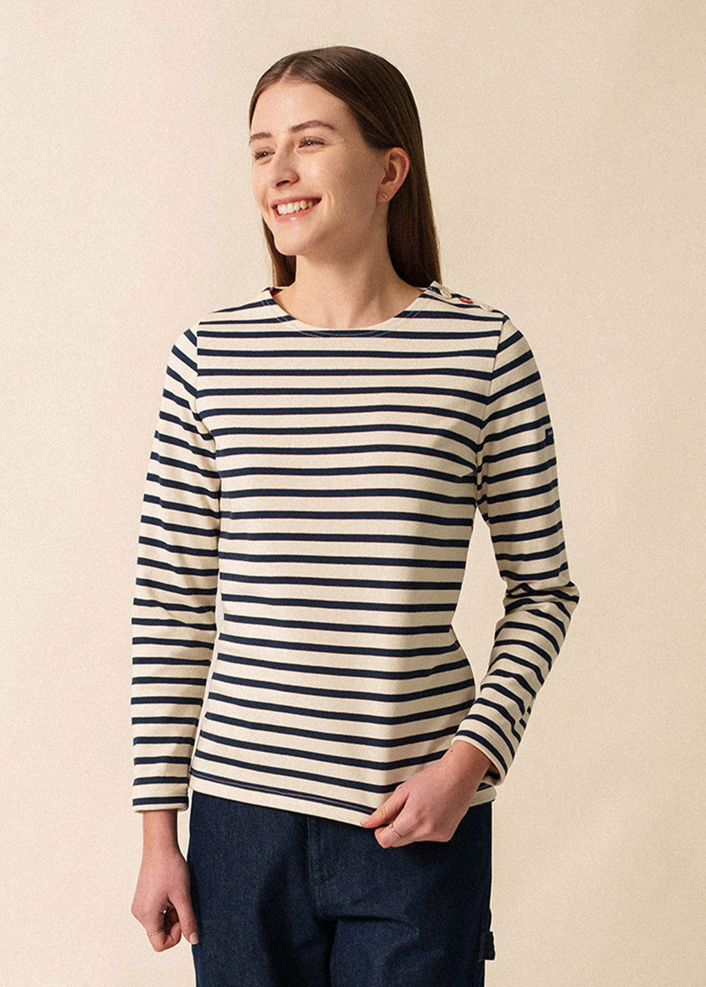 Saint James MERIDAME COEUR - Breton Striped Shirt with Heart-Shaped Buttons | Heavyweight Cotton | Women Fit (ECRU / NAVY /RED)