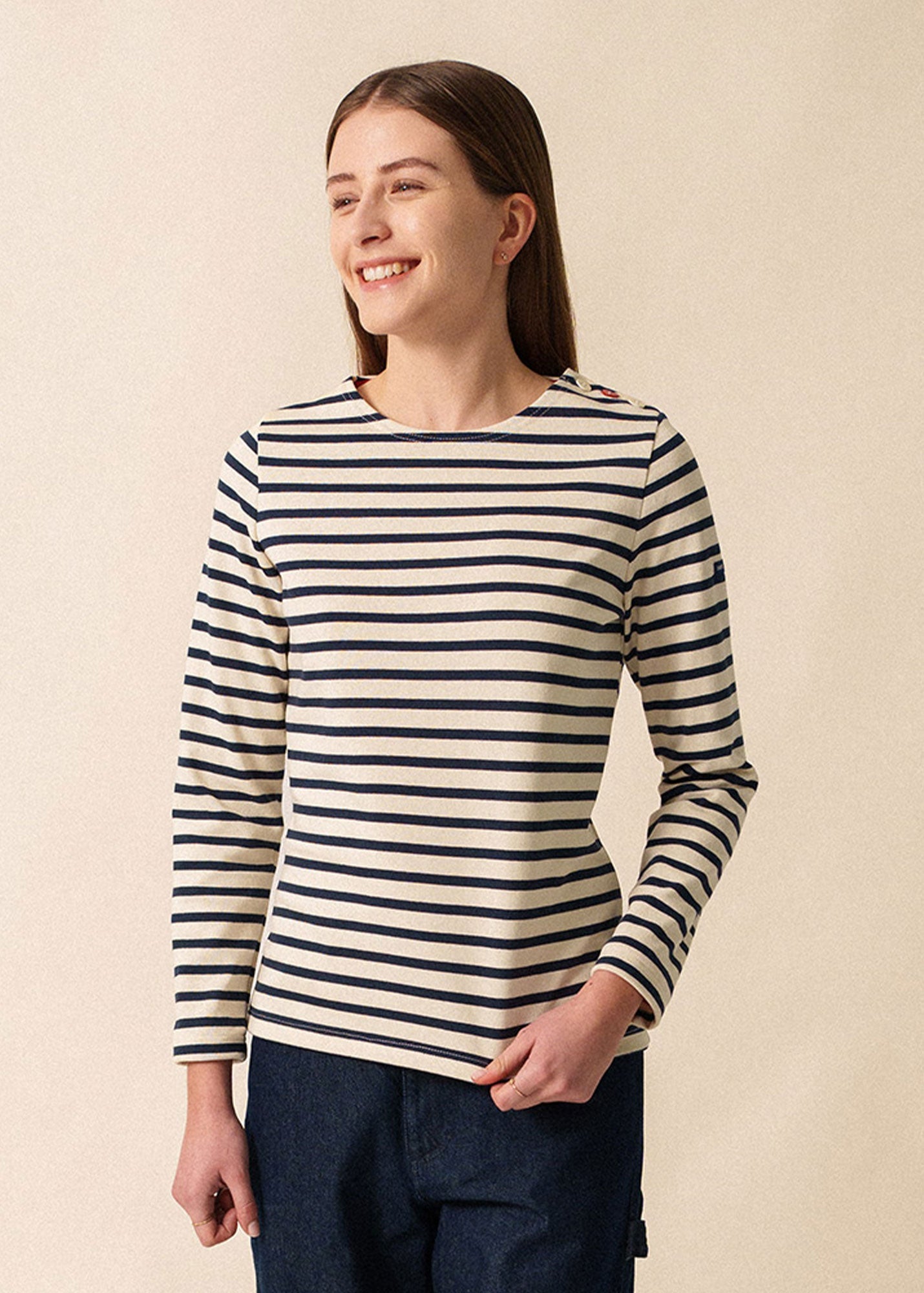 Saint James MERIDAME COEUR - Breton Striped Shirt with Heart-Shaped Buttons | Heavyweight Cotton | Women Fit (ECRU / NAVY /RED)