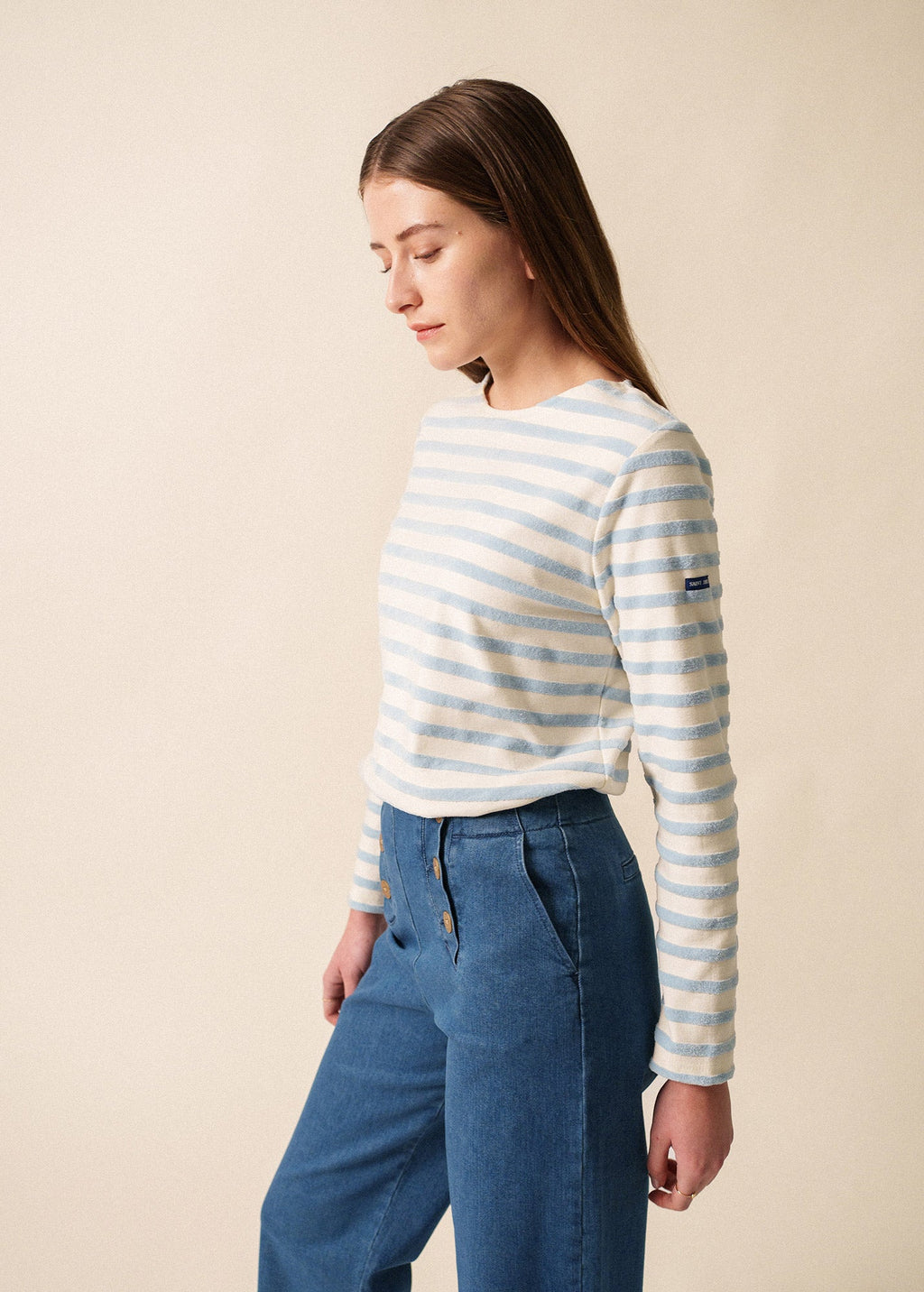 Saint James MERIVELOURS - Fancy Breton Top with Velvet Stripes (IVORY / ICY BLUE)