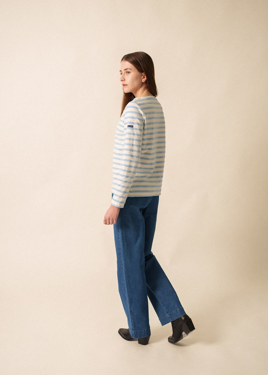 Saint James MERIVELOURS - Fancy Breton Top with Velvet Stripes (IVORY / ICY BLUE)