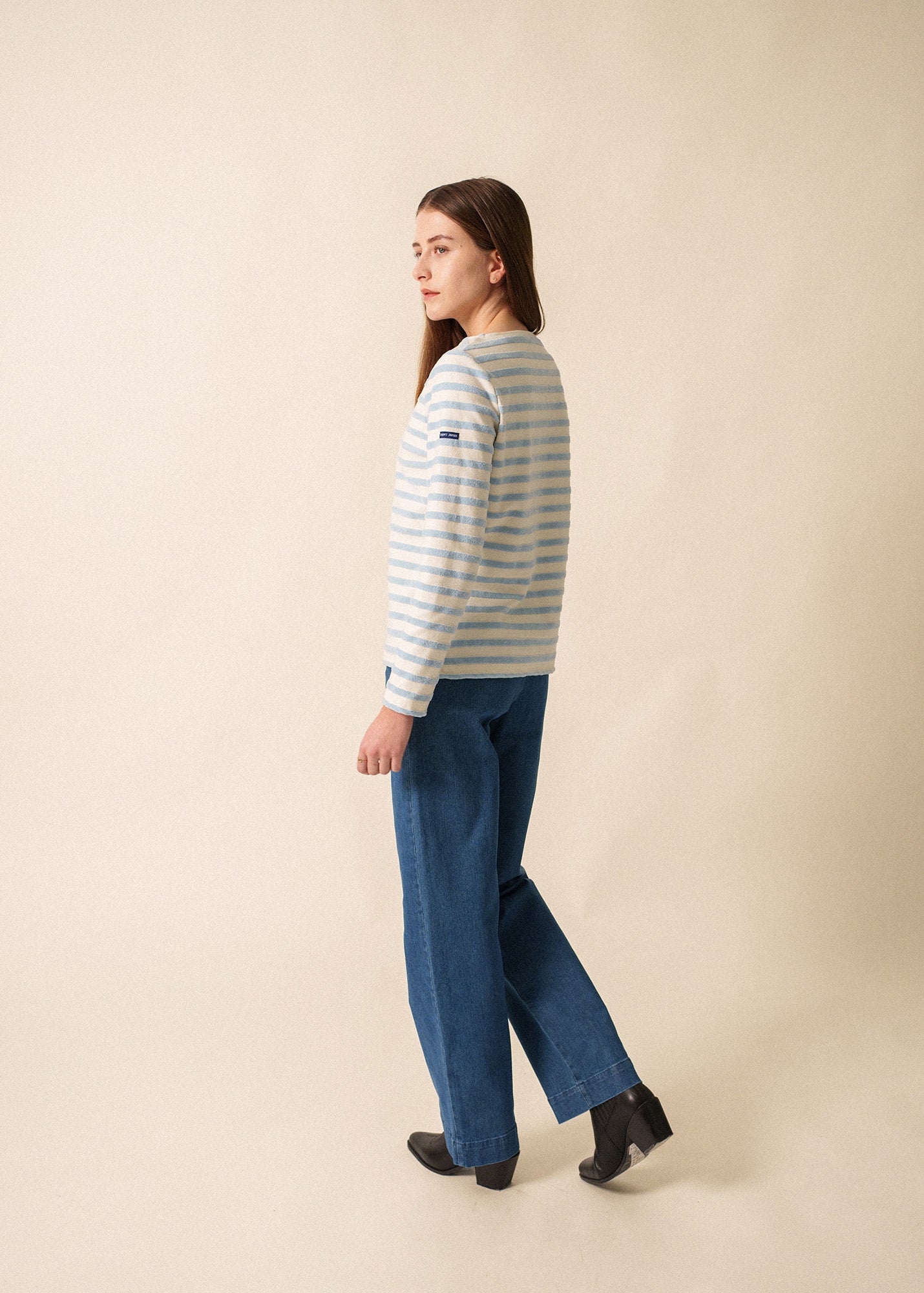 Saint James MERIVELOURS - Fancy Breton Top with Velvet Stripes (IVORY / ICY BLUE)