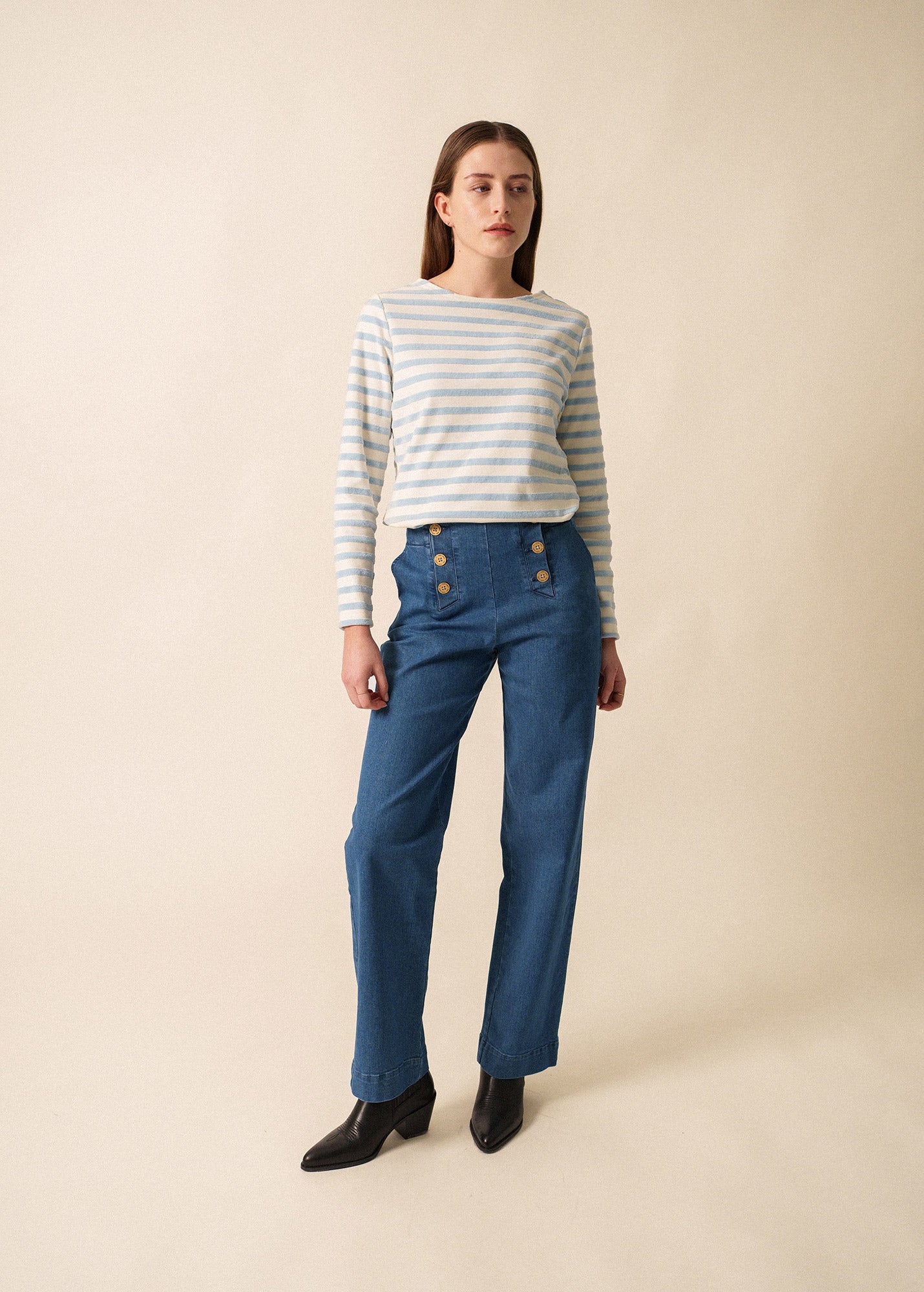 Saint James MERIVELOURS - Fancy Breton Top with Velvet Stripes (IVORY / ICY BLUE)