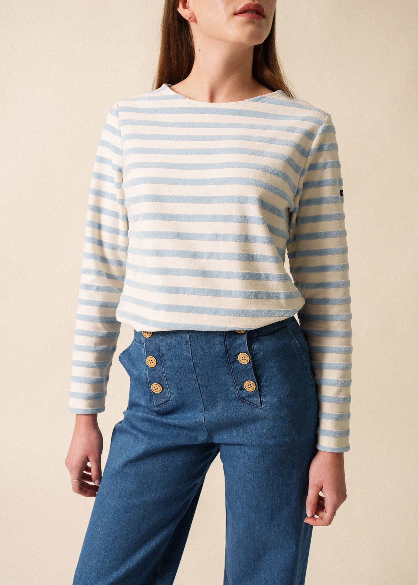 Saint James MERIVELOURS - Fancy Breton Top with Velvet Stripes (IVORY / ICY BLUE)