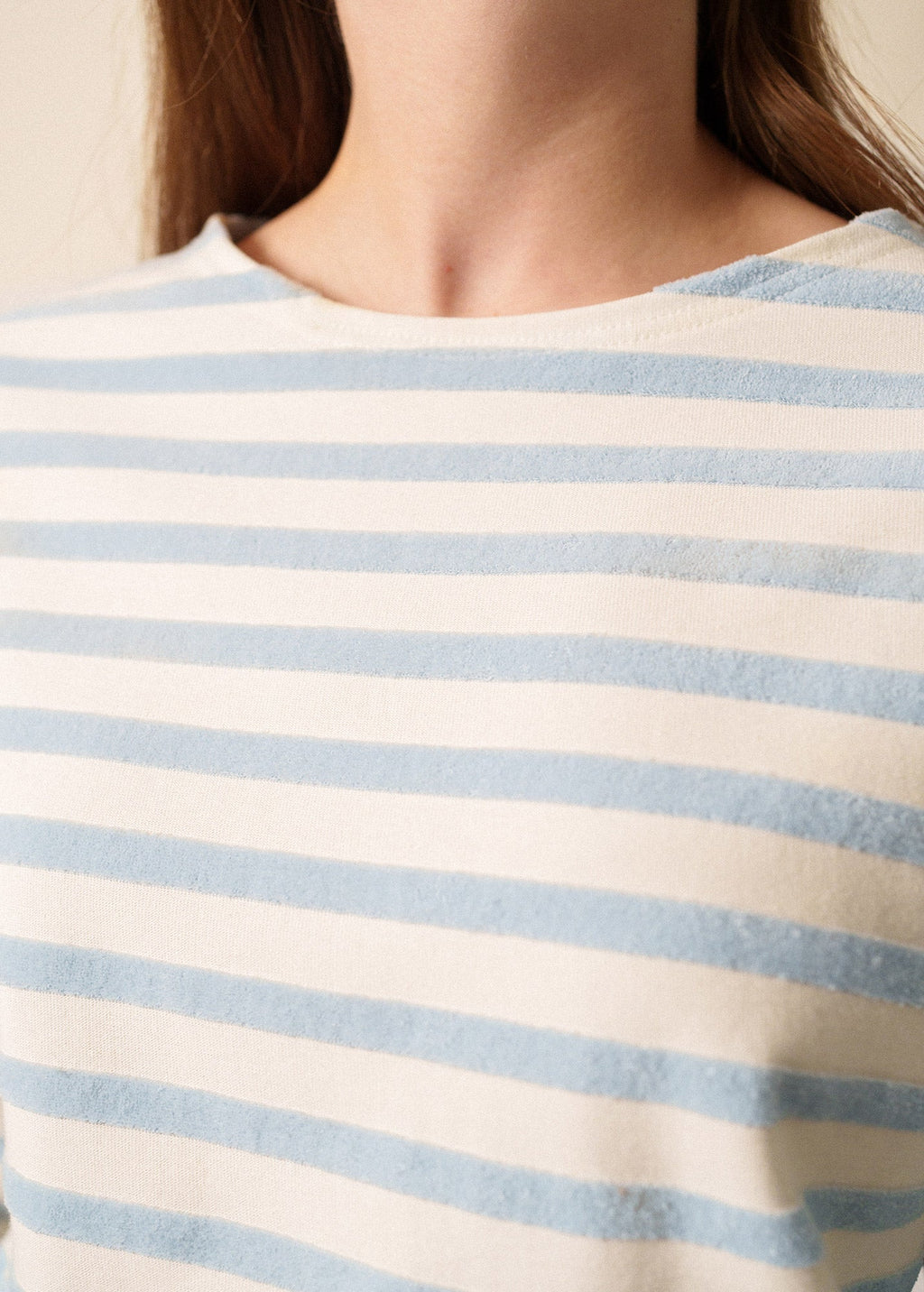 Saint James MERIVELOURS - Fancy Breton Top with Velvet Stripes (IVORY / ICY BLUE)