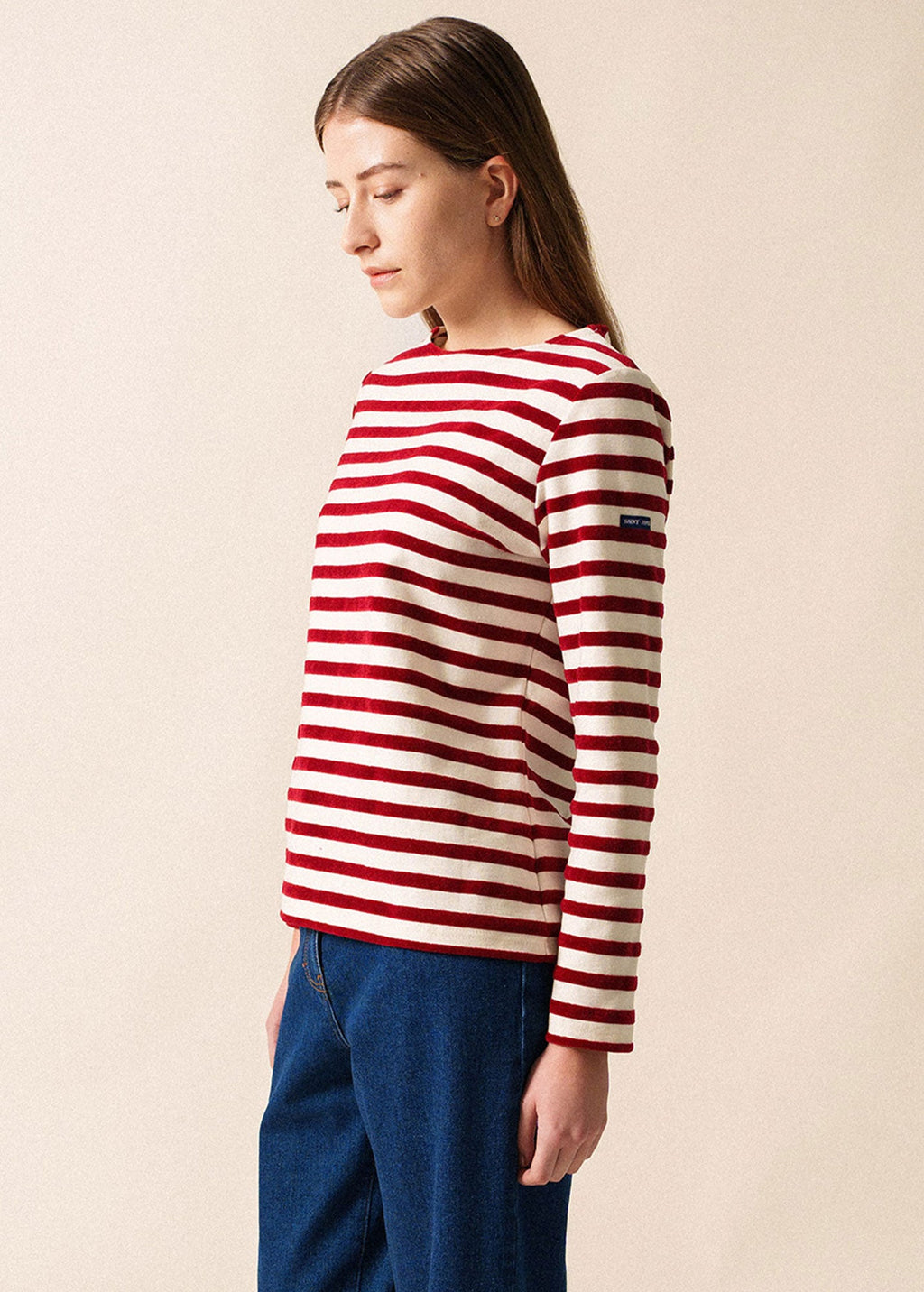 Saint James MERIVELOURS - Fancy Breton Top with Velvet Stripes (IVORY / MAROON)
