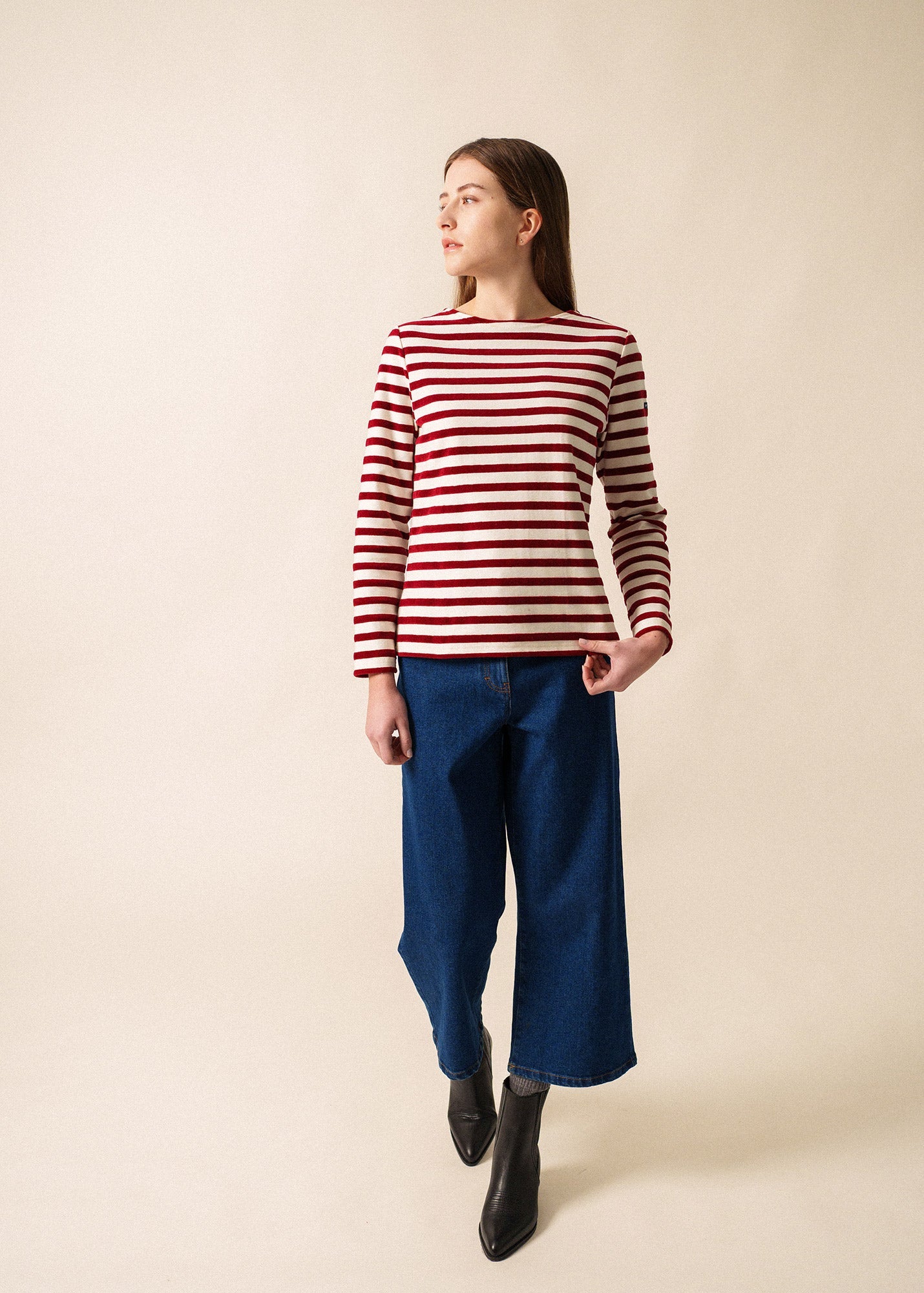 Saint James MERIVELOURS - Fancy Breton Top with Velvet Stripes (IVORY / MAROON)