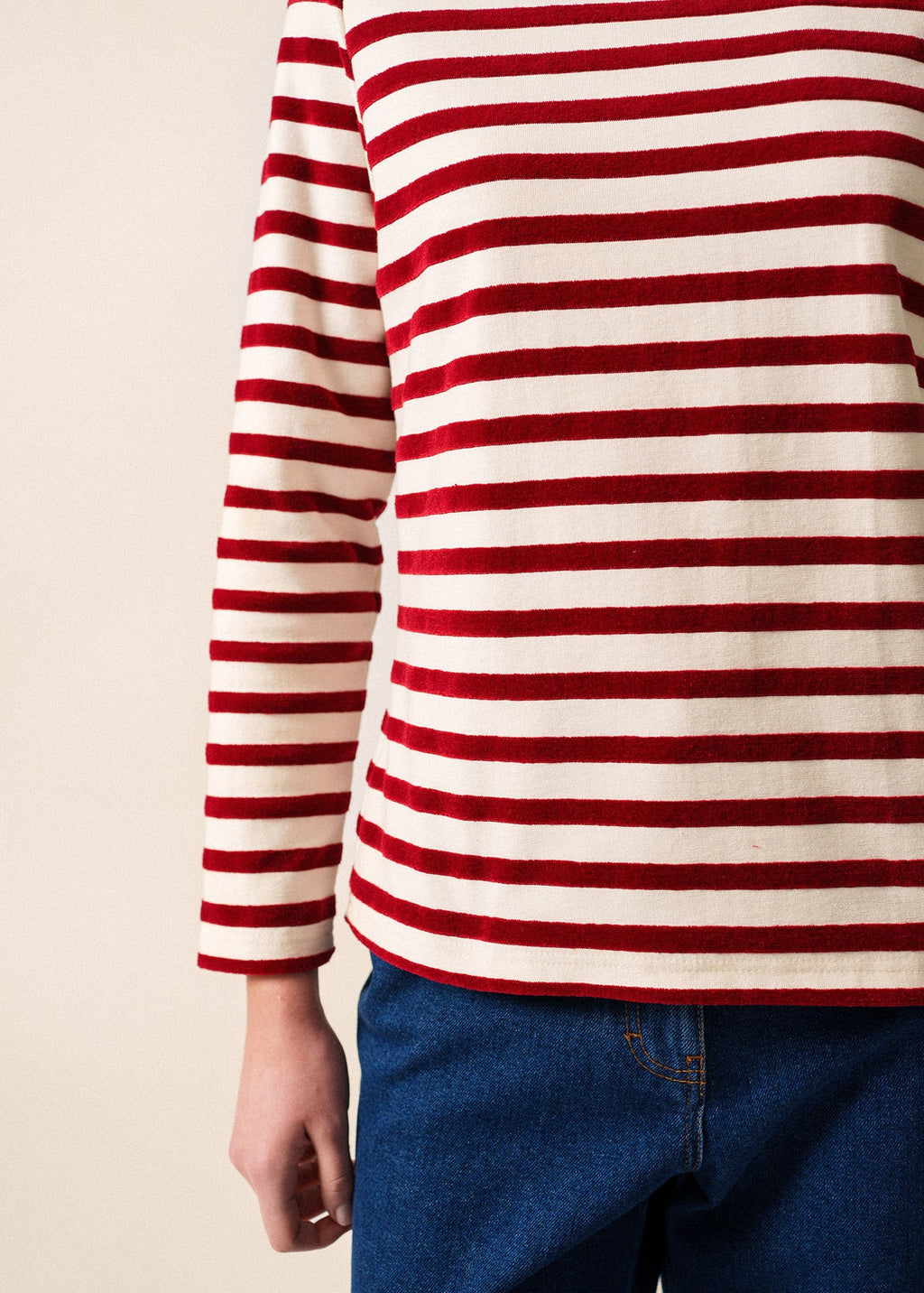 Saint James MERIVELOURS - Fancy Breton Top with Velvet Stripes (IVORY / MAROON)