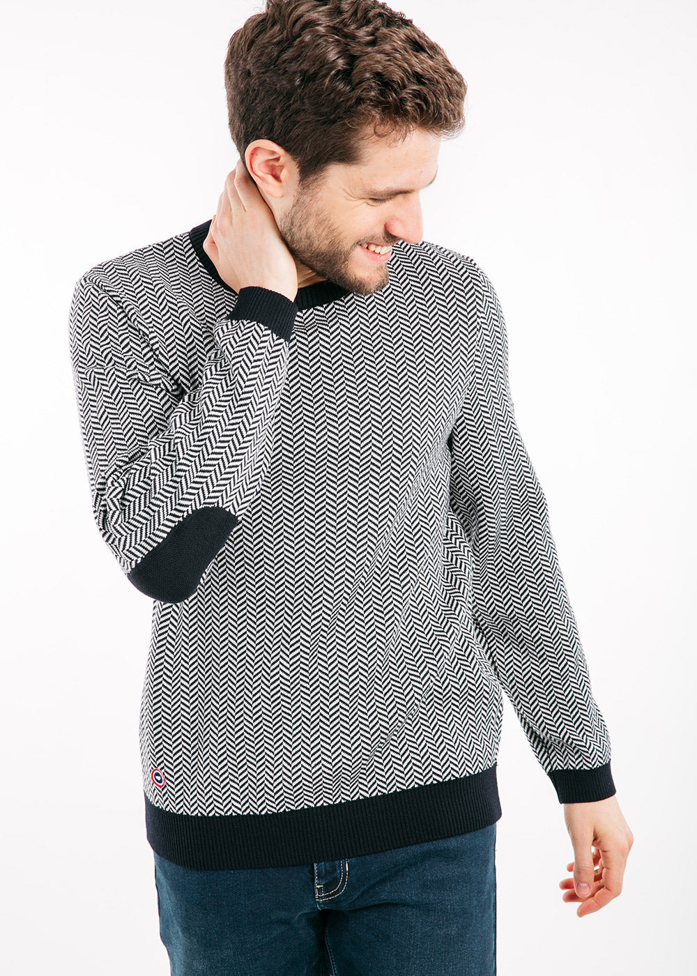 Saint James JUBILE - Herringbone Jacquard Sweater with Elbow Patches (NAVY / IVORY)