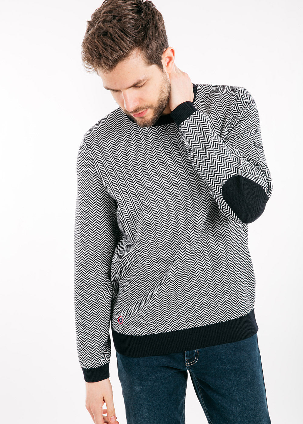 Saint James JUBILE - Herringbone Jacquard Sweater with Elbow Patches (NAVY / IVORY)