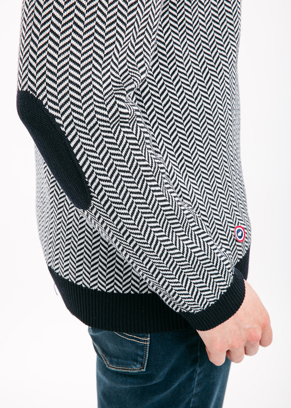 Saint James Jubile Herringbone Jacquard Sweater With Elbow Patches Navy Ivory