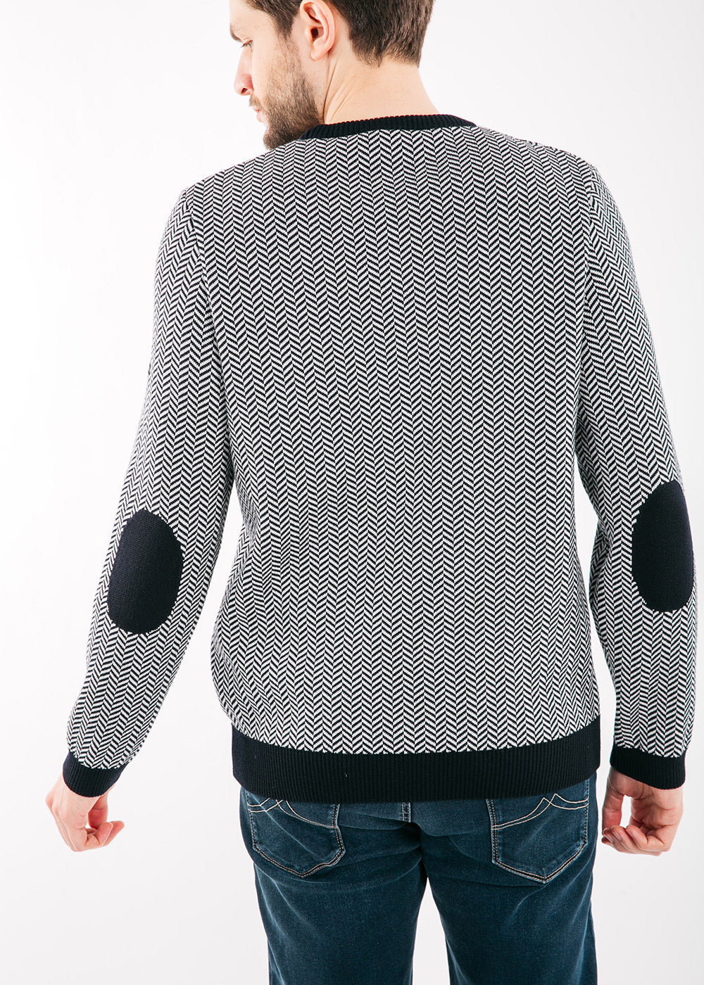 Saint James JUBILE - Herringbone Jacquard Sweater with Elbow Patches (NAVY / IVORY)