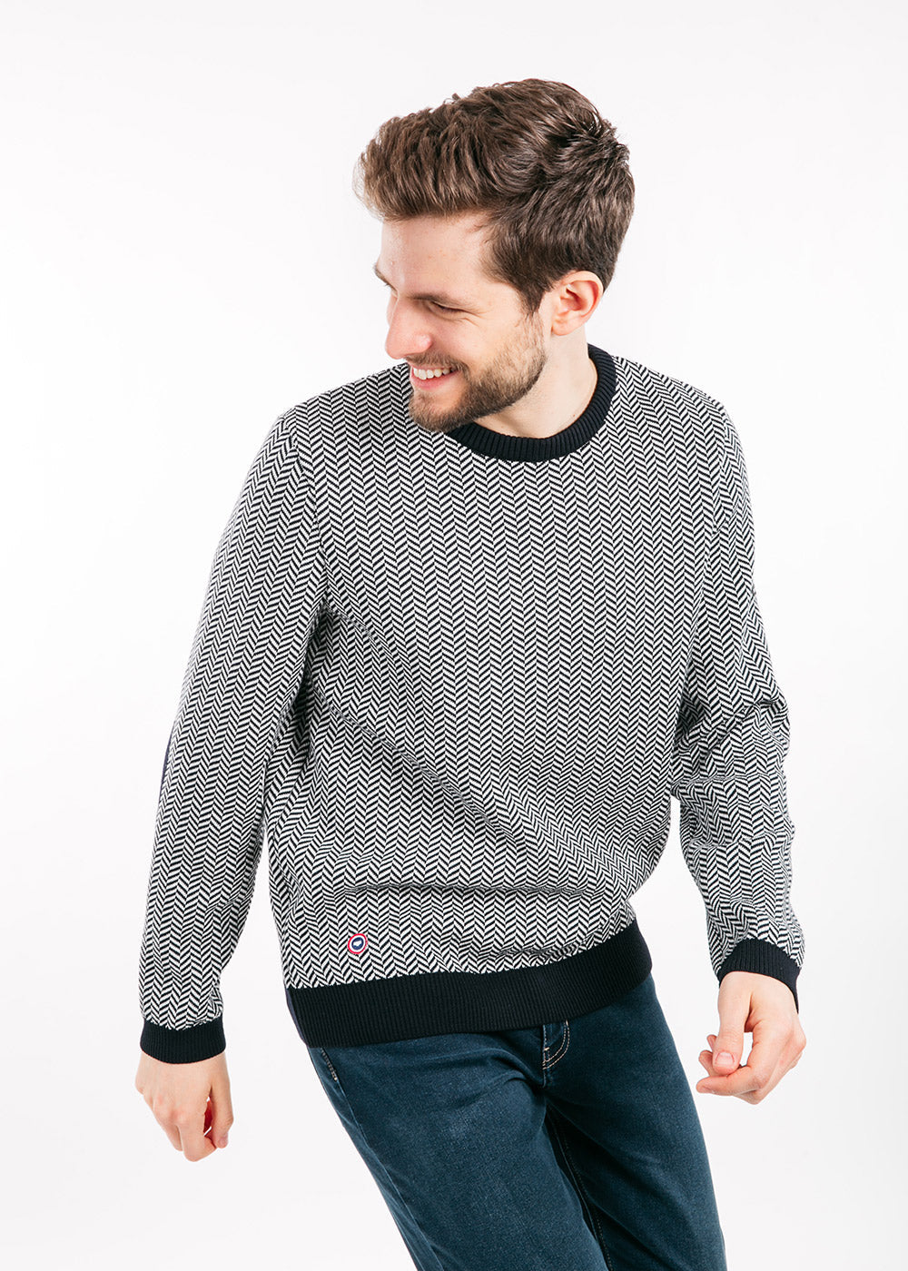 Saint James Jubile Herringbone Jacquard Sweater With Elbow Patches Navy Ivory