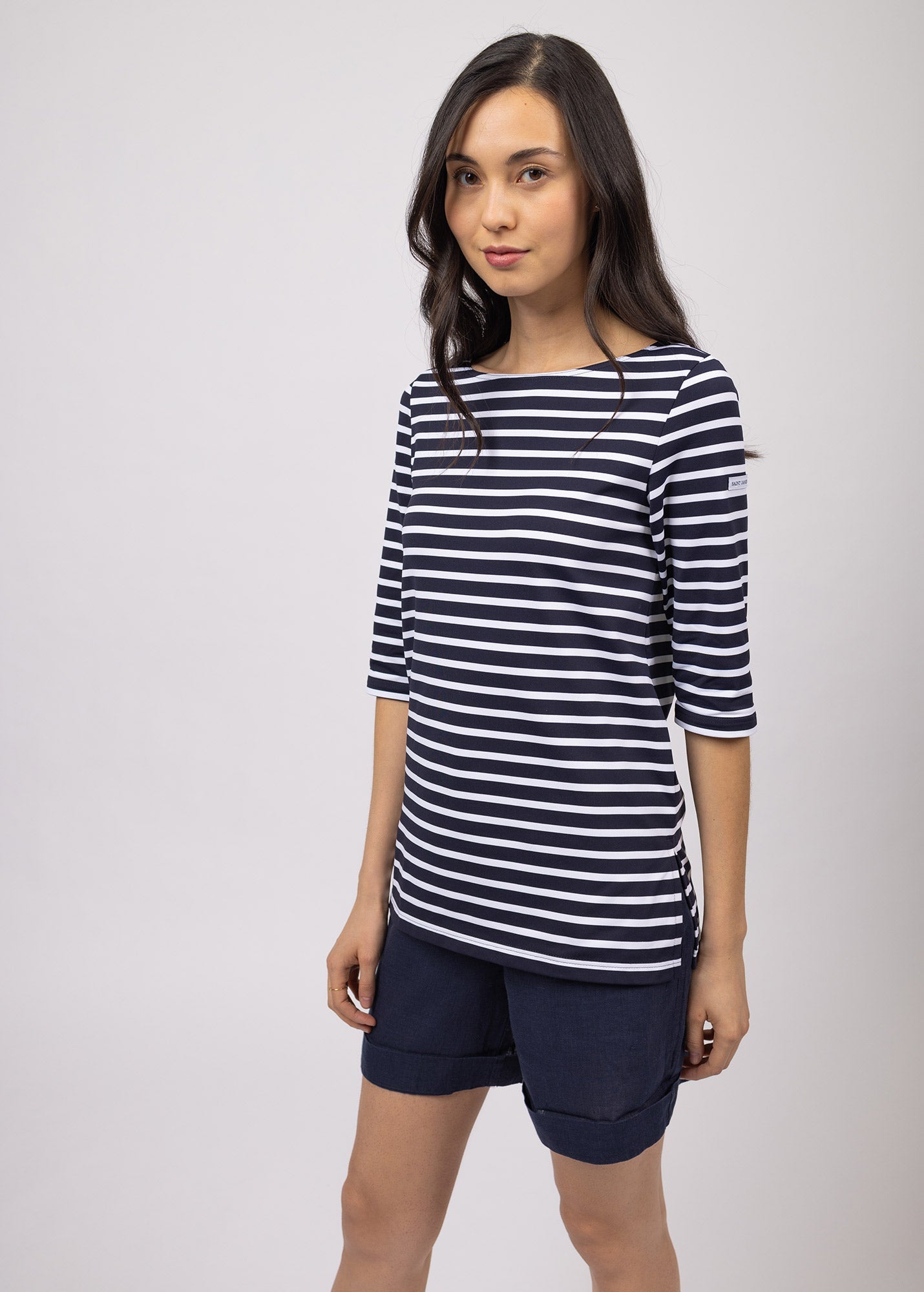 Saint James PHARE - Boat Neck Striped Tunic with Slits | Stretch fabric with UV Protection (NAVY / WHITE)
