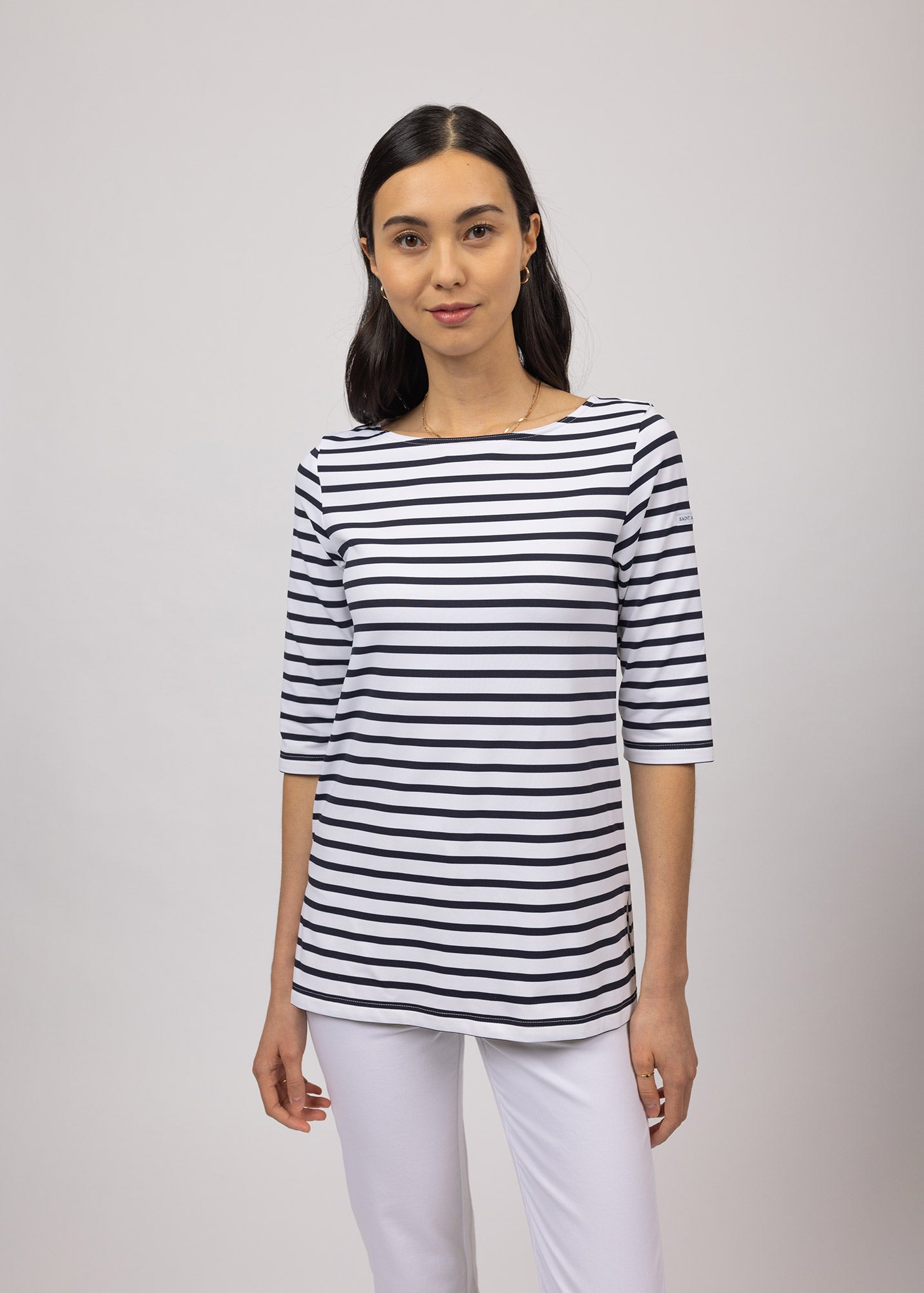 Saint James PHARE - Boat Neck Striped Tunic with Slits | Stretch fabric with UV Protection (WHITE / NAVY)