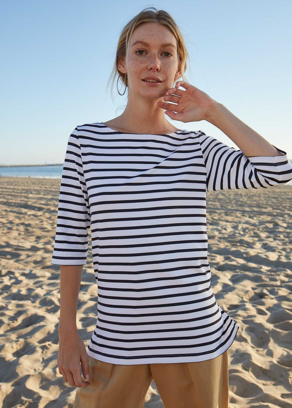 Saint James PHARE - Boat Neck Striped Tunic with Slits | Stretch fabric with UV Protection (WHITE / NAVY)