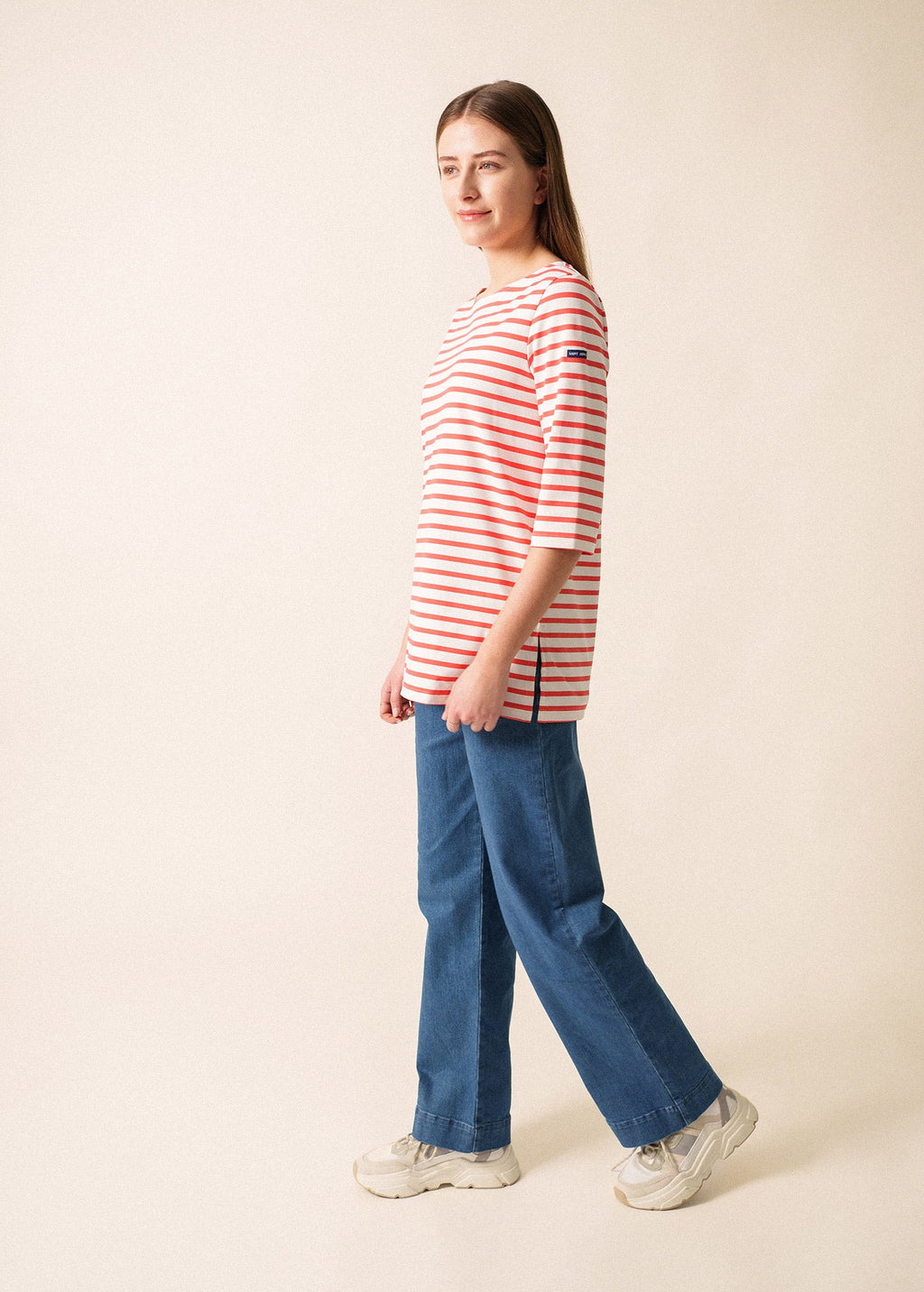 Saint James PHARE - Boat Neck Striped Tunic with Slits | Stretch fabric with UV Protection (WHITE / CORAL)