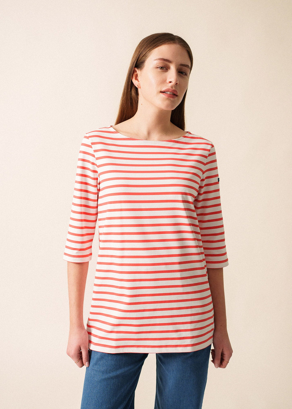 Saint James PHARE - Boat Neck Striped Tunic with Slits | Stretch fabric with UV Protection (WHITE / CORAL)