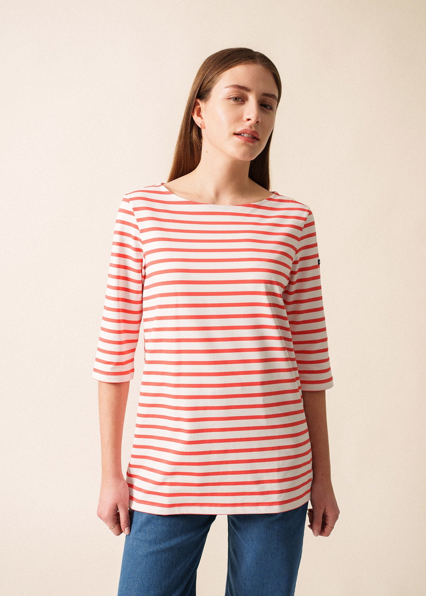 Saint James PHARE - Boat Neck Striped Tunic with Slits | Stretch fabric with UV Protection (WHITE / CORAL)