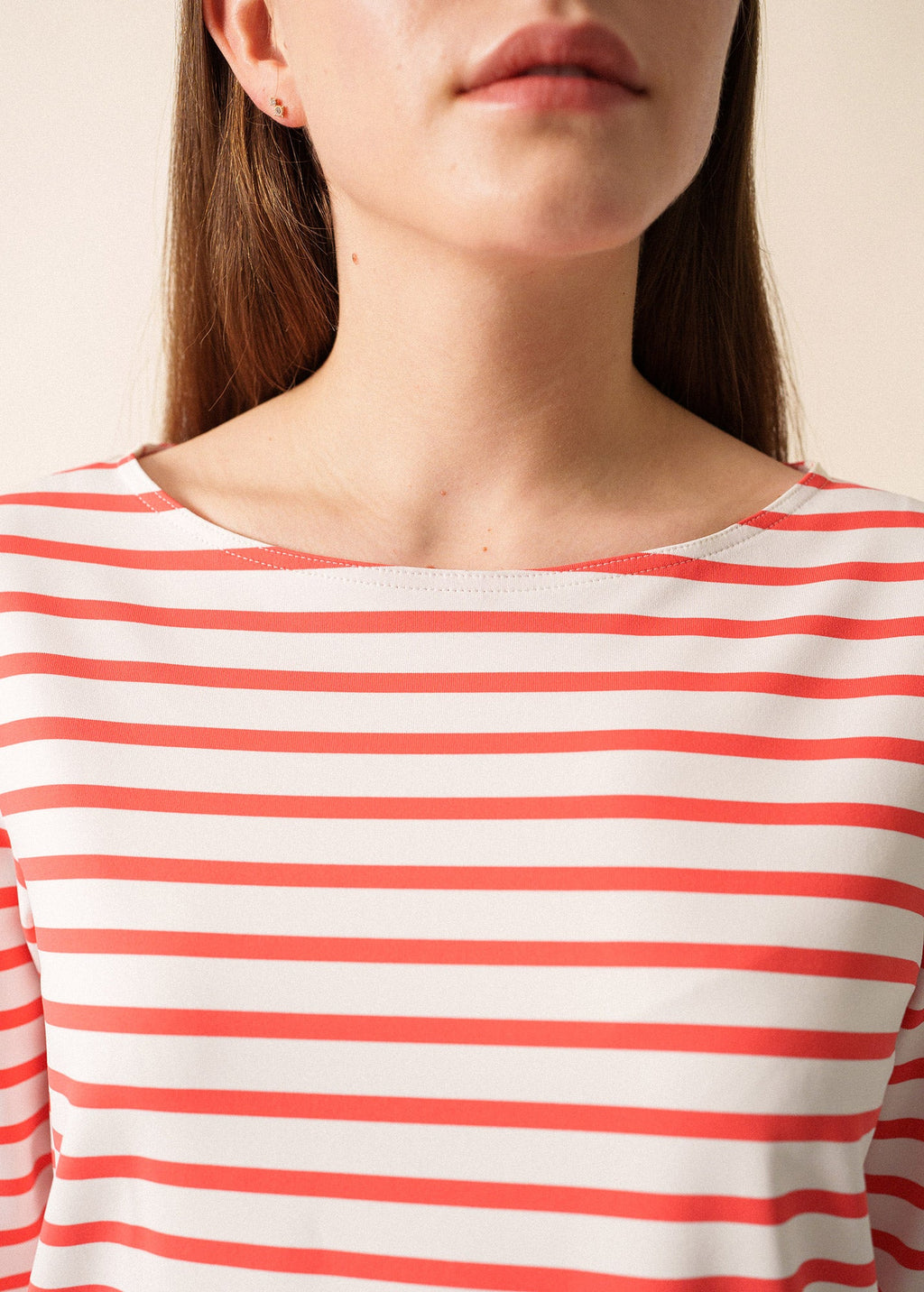 Saint James PHARE - Boat Neck Striped Tunic with Slits | Stretch fabric with UV Protection (WHITE / CORAL)