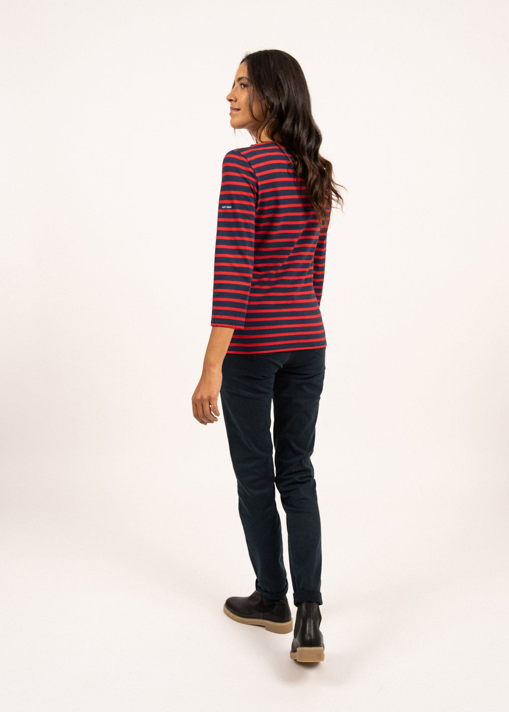 Saint James GALATHEE II - Breton Striped Top with ¾ Sleeve | Soft Cotton | Women Fit (NAVY / RED)