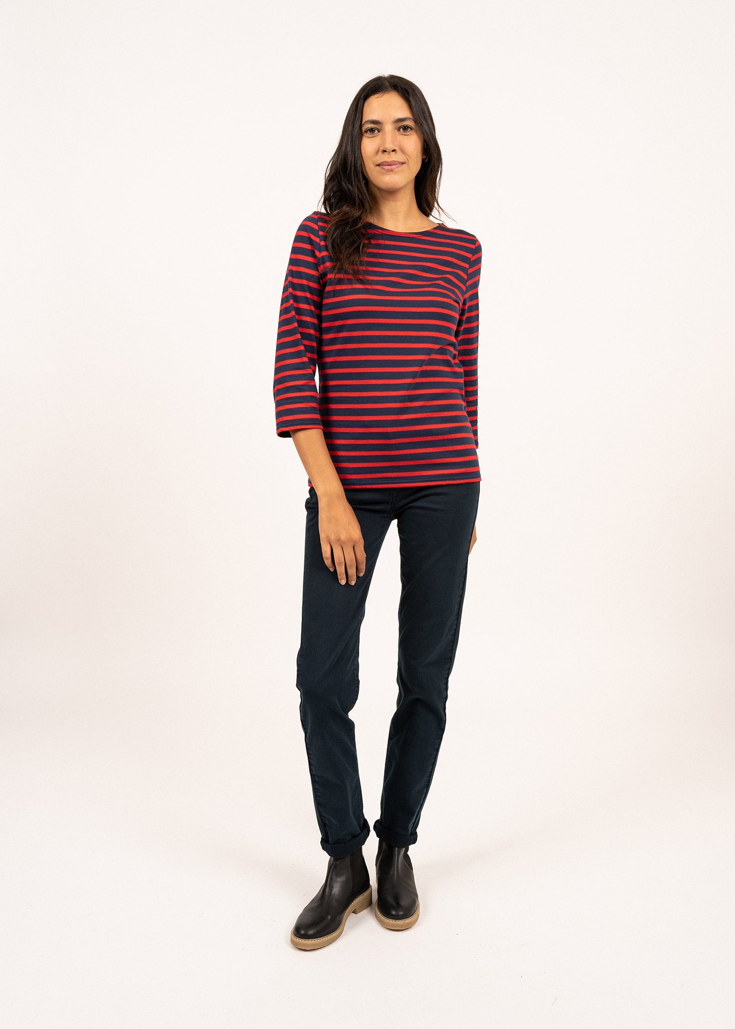 Saint James GALATHEE II - Breton Striped Top with ¾ Sleeve | Soft Cotton | Women Fit (NAVY / RED)