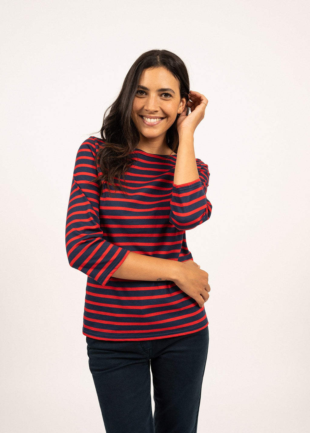 Saint James GALATHEE II - Breton Striped Top with ¾ Sleeve | Soft Cotton | Women Fit (NAVY / RED)