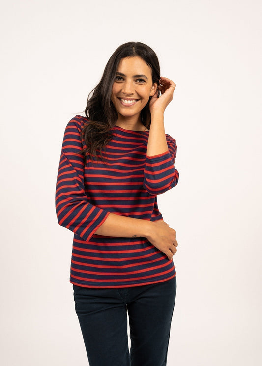 Saint James Galathee Ii Breton Striped Top With ¬æ Sleeve Soft Cotton Women Fit Navy Red