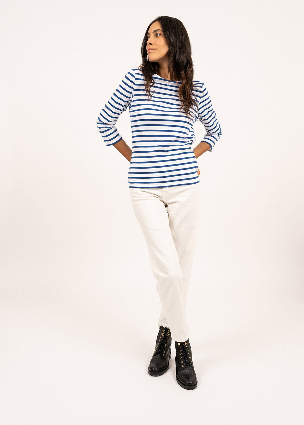 Saint James GALATHEE II - Breton Striped Top with ¾ Sleeve | Soft Cotton | Women Fit (WHITE / ROYAL BLUE)