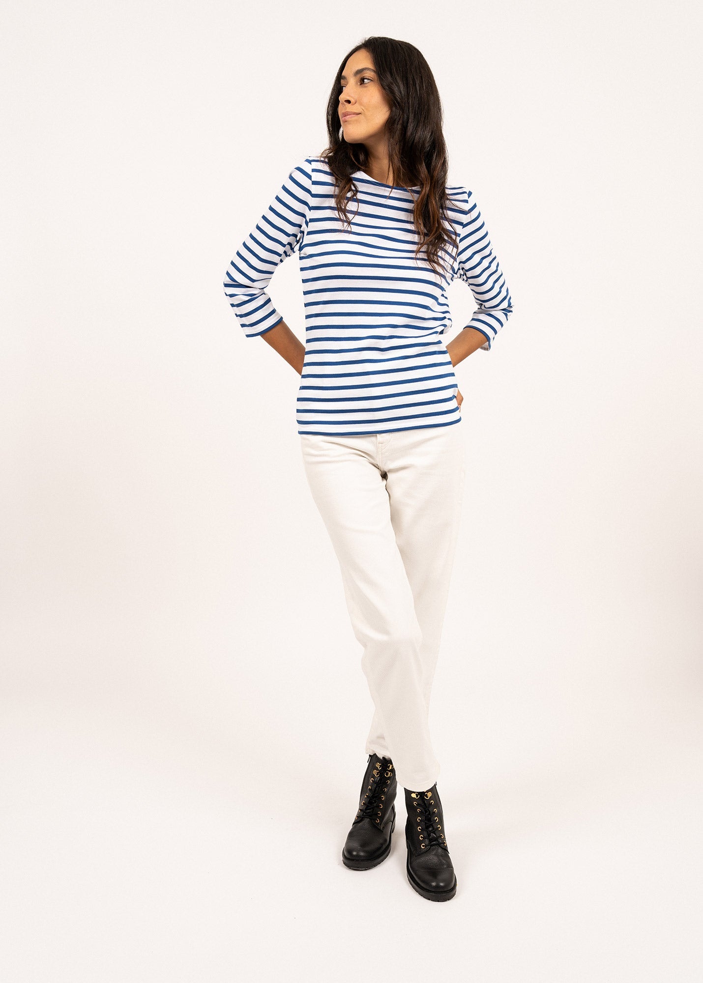 Saint James GALATHEE II - Breton Striped Top with ¾ Sleeve | Soft Cotton | Women Fit (WHITE / ROYAL BLUE)